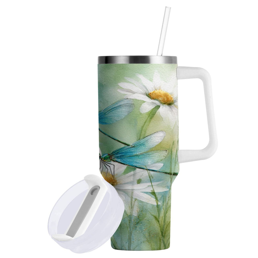 30 oz Insulated Stainless Steel Tumbler Double Wall Stainless Steel Tumbler with 2-Way Drinking Beautiful Dragonflies and Daisies 3A2U