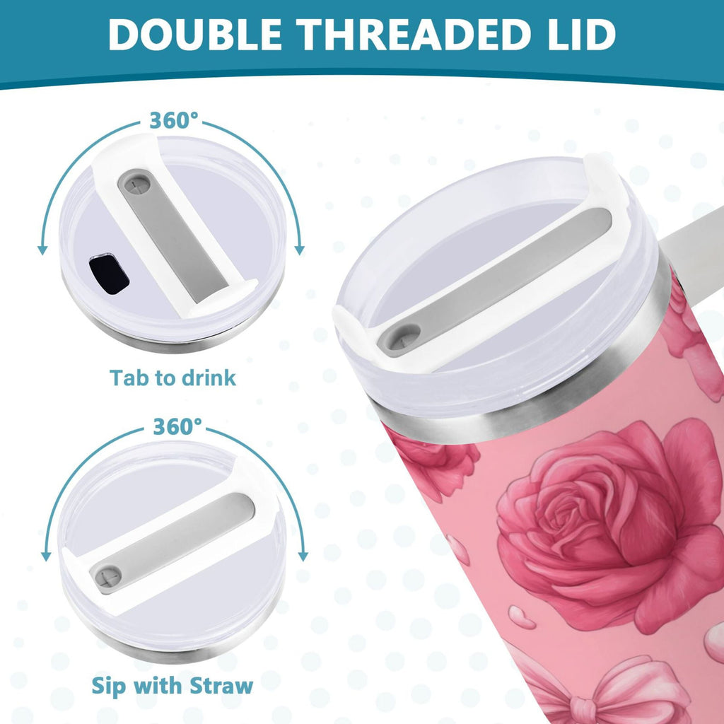40 oz Insulated Stainless Steel Tumbler Double Wall Stainless Steel Tumbler with 2-Way Drinking Roses and Bows Pattern QV9Q