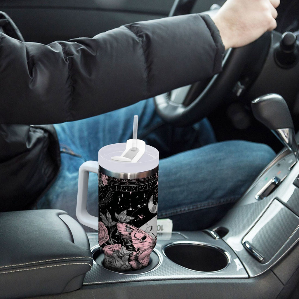 30 oz Insulated Stainless Steel Tumbler Double Wall Stainless Steel Tumbler with 2-Way Drinking Butterfly by Moon and Flowers ZOYE
