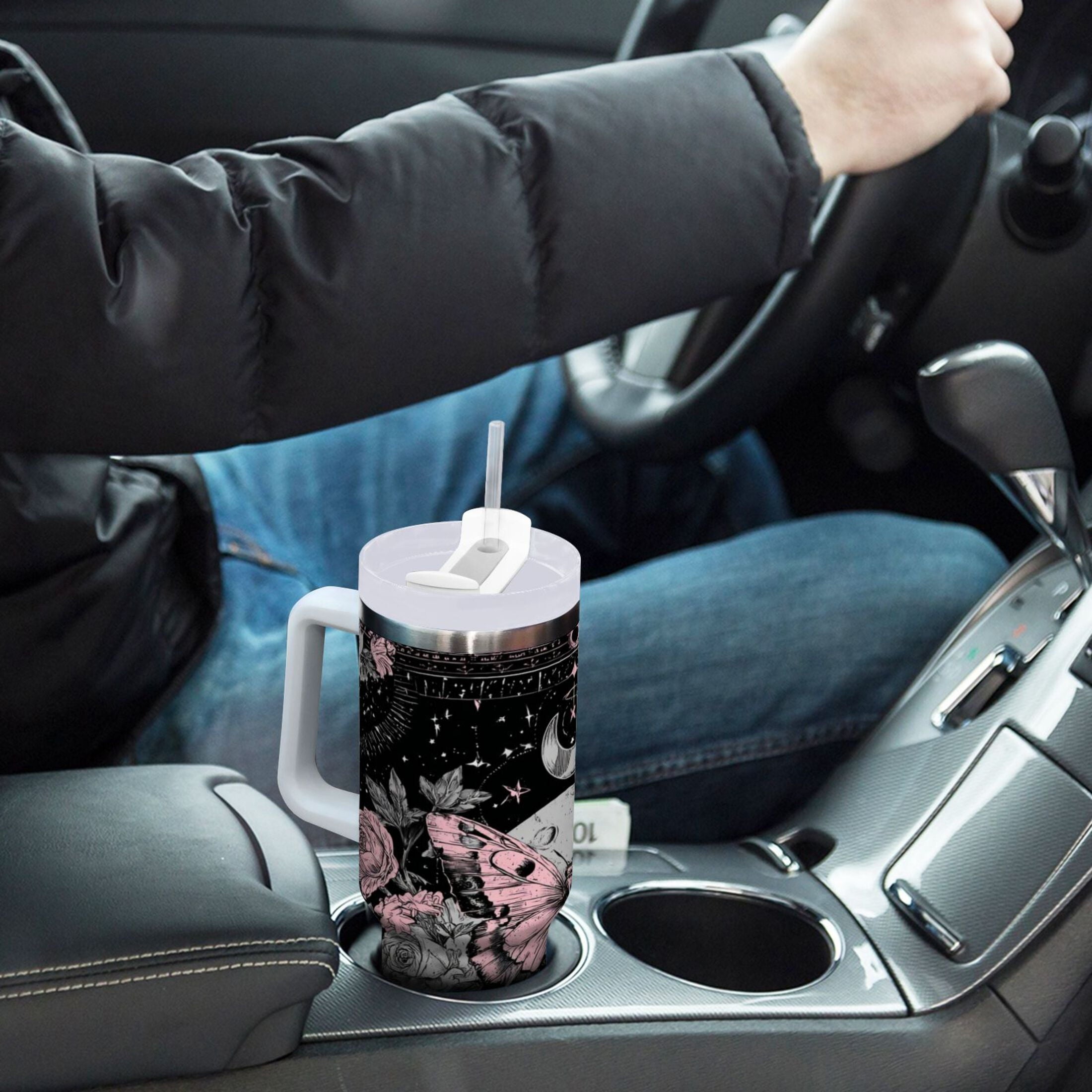 30 oz Insulated Stainless Steel Tumbler Double Wall Stainless Steel Tumbler with 2-Way Drinking Butterfly by Moon and Flowers ZOYE