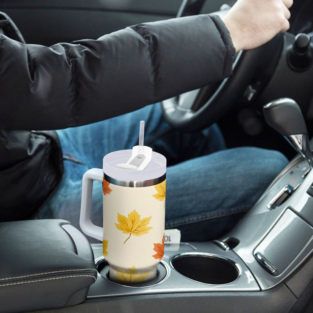 40 oz Insulated Stainless Steel Tumbler Double Wall Stainless Steel Tumbler with 2-Way Drinking Yellow Maple Leaves Pattern CSZX