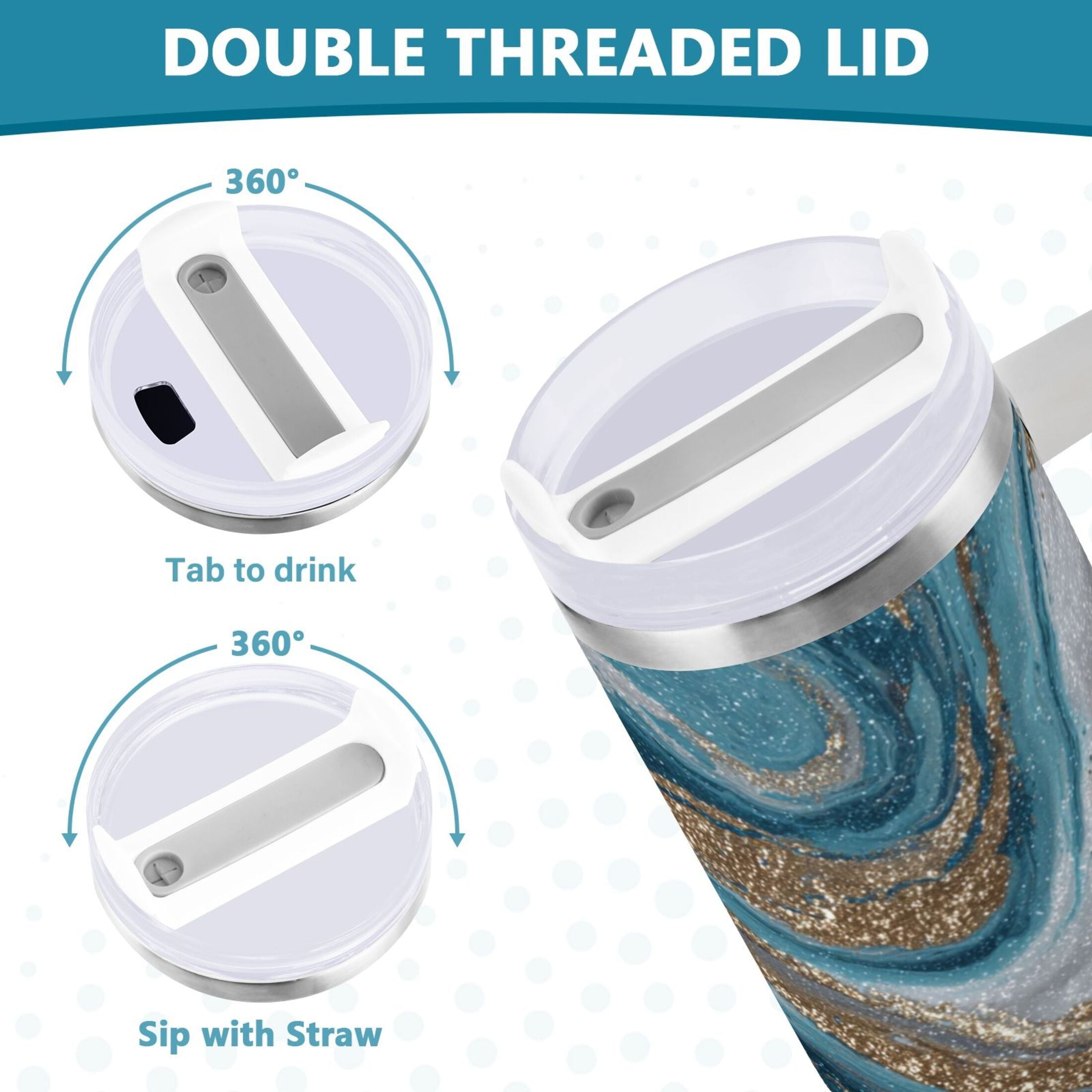 30 oz Insulated Stainless Steel Tumbler Double Wall Stainless Steel Tumbler with 2-Way Drinking Blue and Gold Swirling QE2X