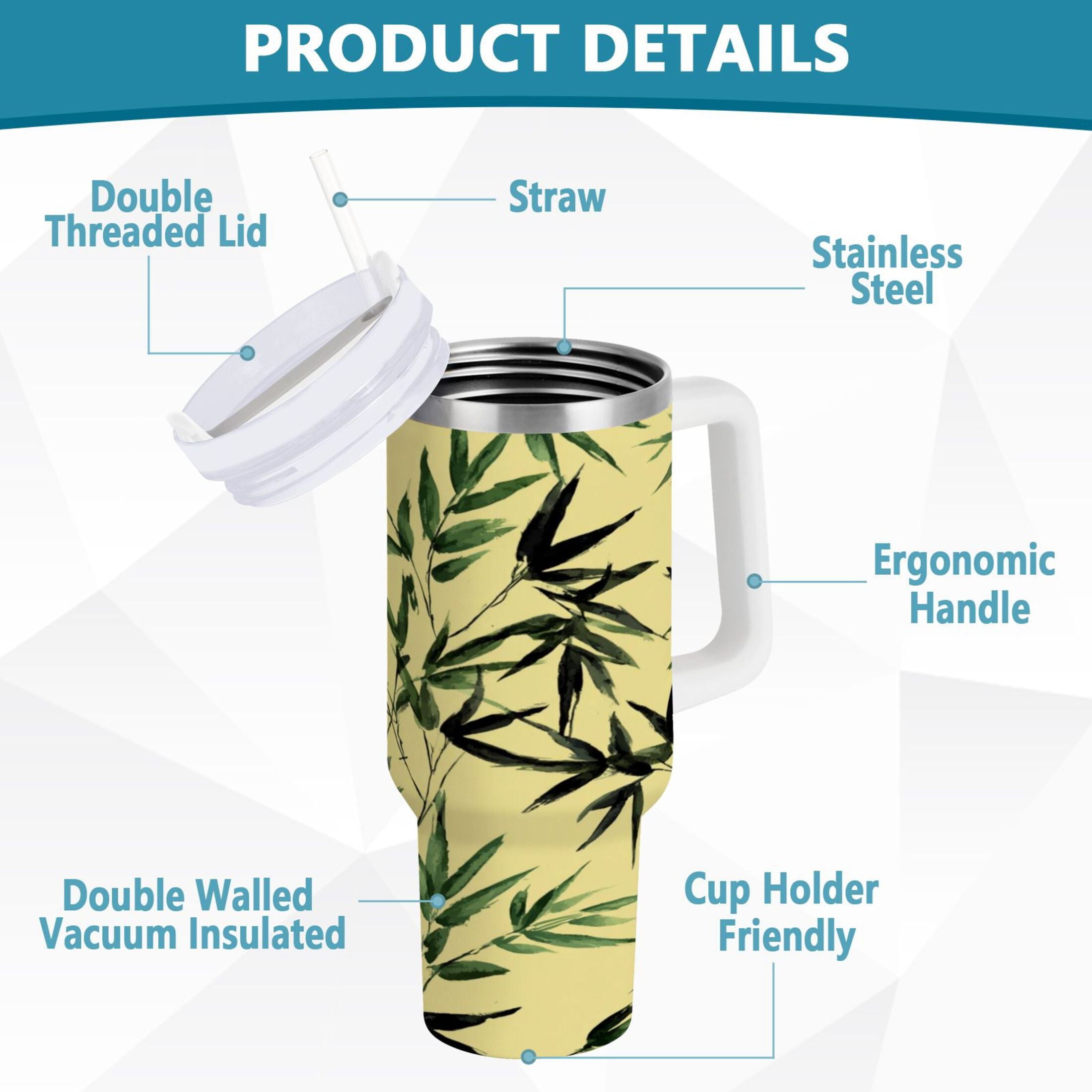 30 oz Insulated Stainless Steel Tumbler Double Wall Stainless Steel Tumbler with 2-Way Drinking Bamboo and Green Leaves 1GIA
