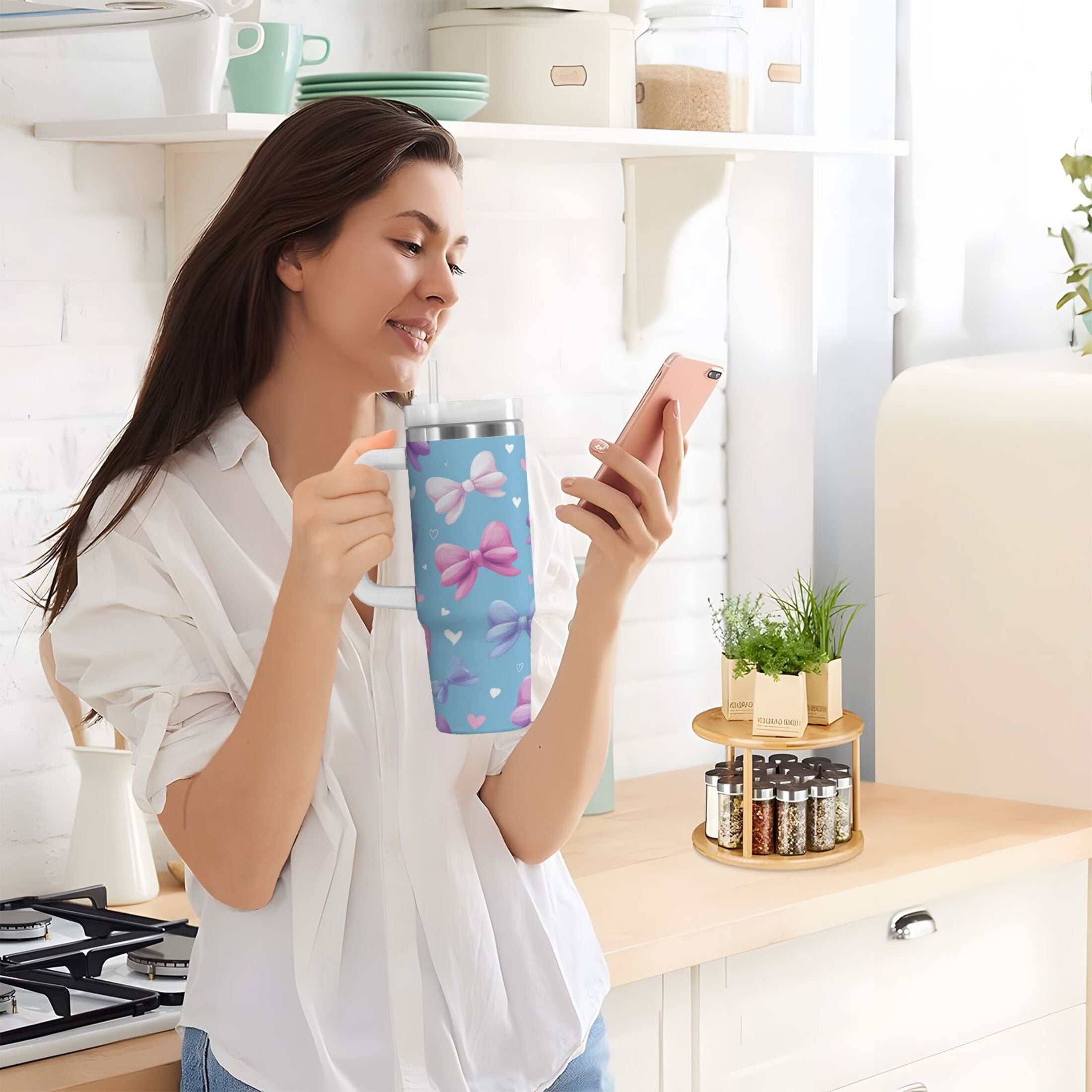 30 oz Insulated Stainless Steel Tumbler Double Wall Stainless Steel Tumbler with 2-Way Drinking Pink and Purple Bows F2KL