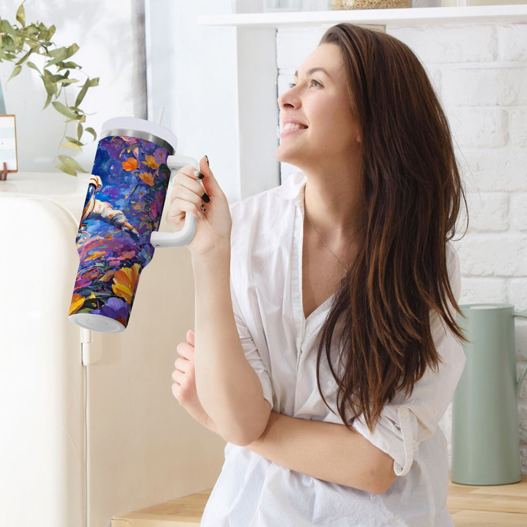 40 oz Insulated Stainless Steel Tumbler Double Wall Stainless Steel Tumbler with 2-Way Drinking Astronaut and Colorful Flowers 2CCT