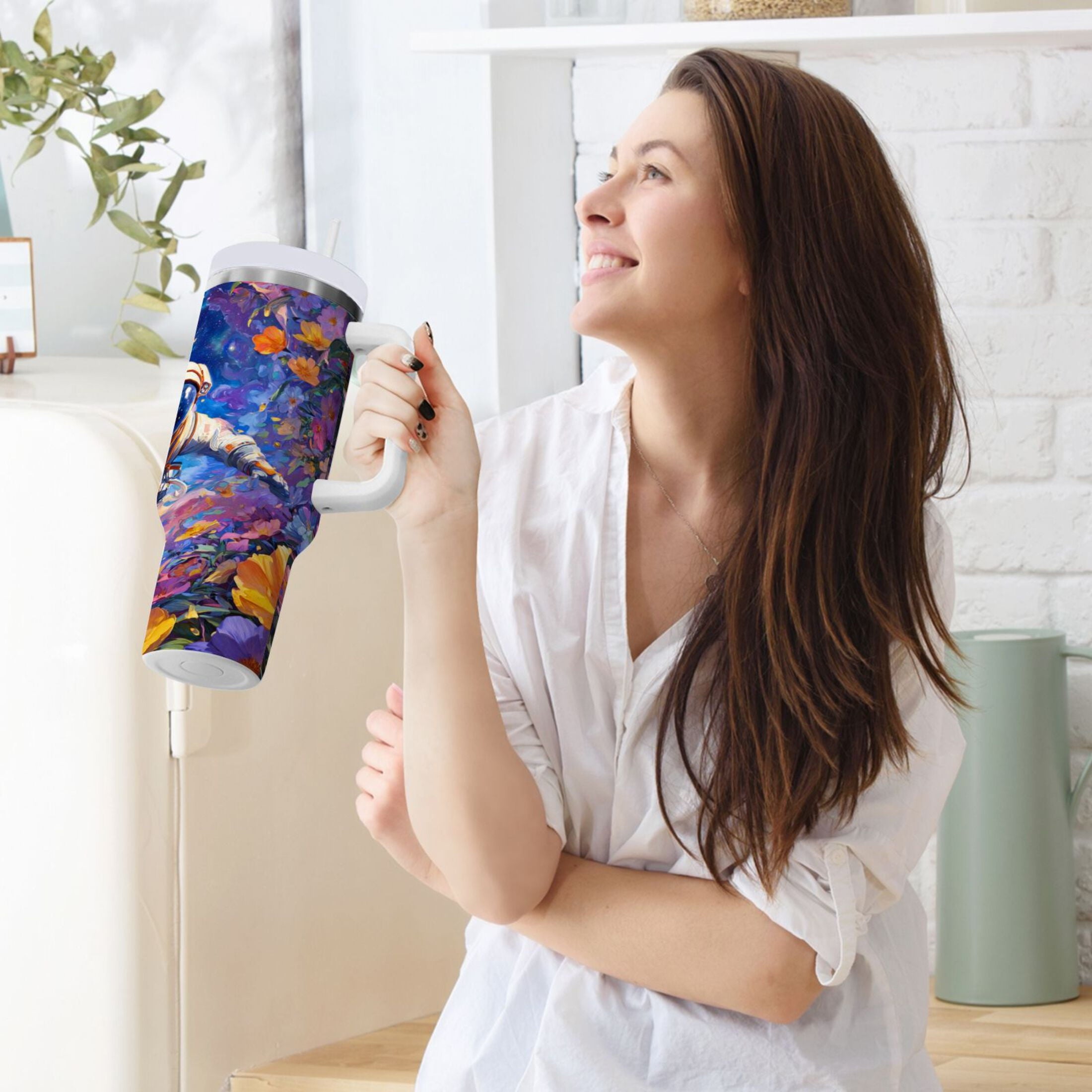 40 oz Insulated Stainless Steel Tumbler Double Wall Stainless Steel Tumbler with 2-Way Drinking Astronaut and Colorful Flowers 2CCT