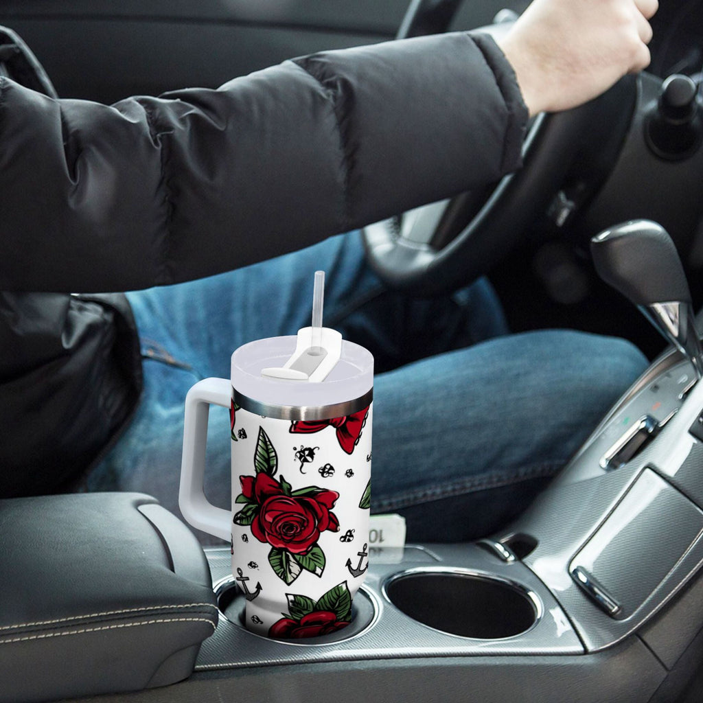 40 oz Insulated Stainless Steel Tumbler Double Wall Stainless Steel Tumbler with 2-Way Drinking Red Roses and Cherries IIQ7