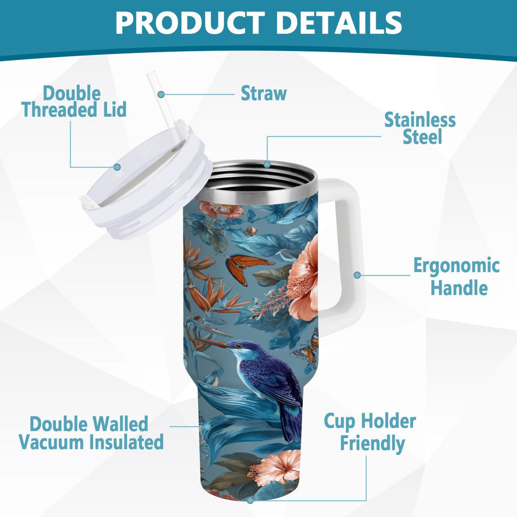30 oz Insulated Stainless Steel Tumbler Double Wall Stainless Steel Tumbler with 2-Way Drinking Birds and Flowers VR5W
