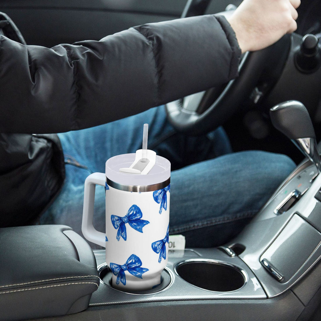30 oz Insulated Stainless Steel Tumbler Double Wall Stainless Steel Tumbler with 2-Way Drinking Blue Bows Pattern 5UV7