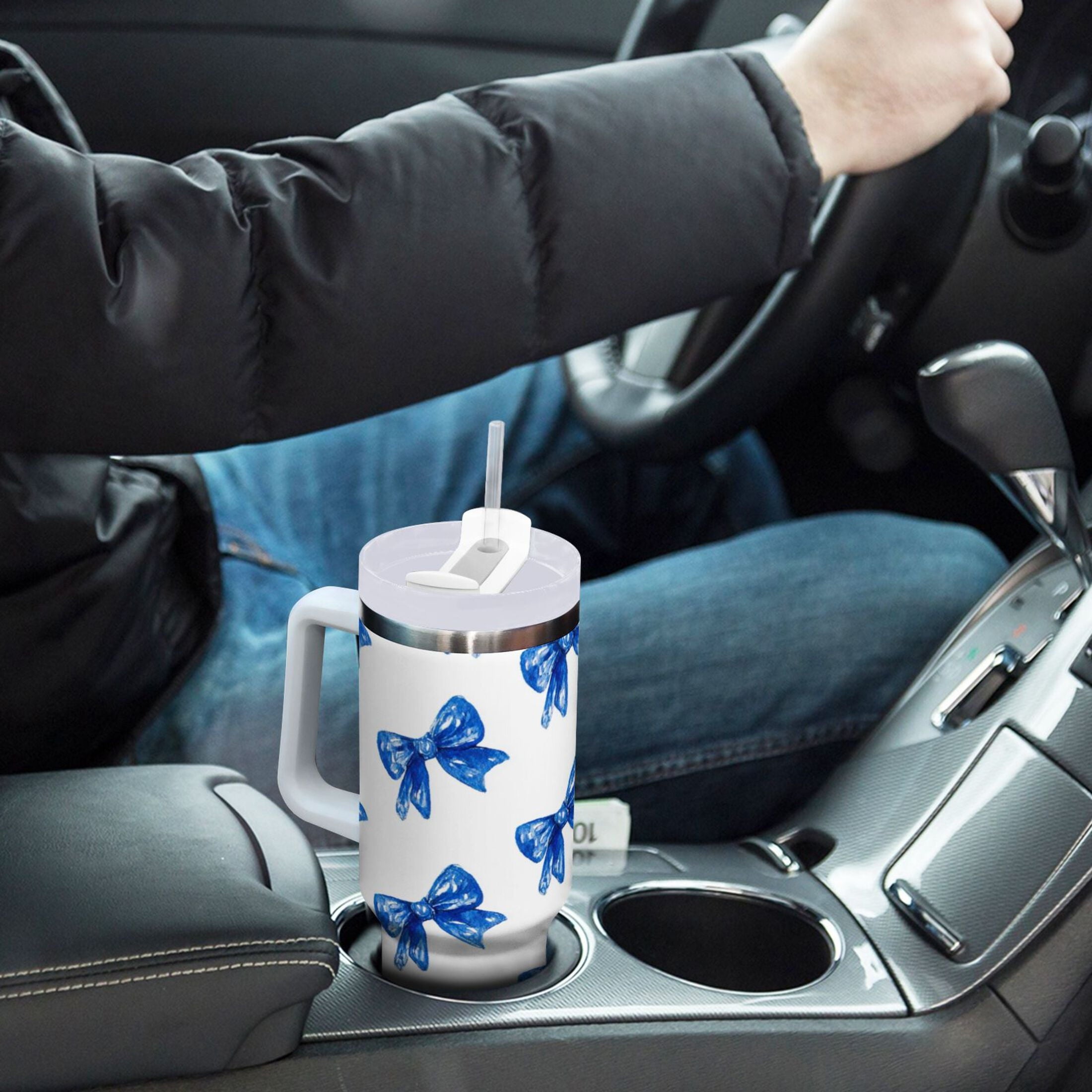 30 oz Insulated Stainless Steel Tumbler Double Wall Stainless Steel Tumbler with 2-Way Drinking Blue Bows Pattern 5UV7