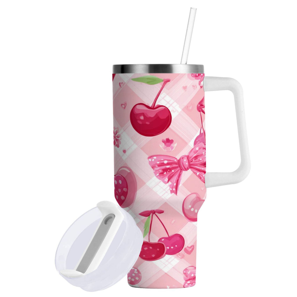 30 oz Insulated Stainless Steel Tumbler Double Wall Stainless Steel Tumbler with 2-Way Drinking Cherry and Pink Bow Pattern N7YV