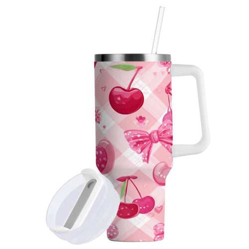 30 oz Insulated Stainless Steel Tumbler Double Wall Stainless Steel Tumbler with 2-Way Drinking Cherry and Pink Bow Pattern N7YV