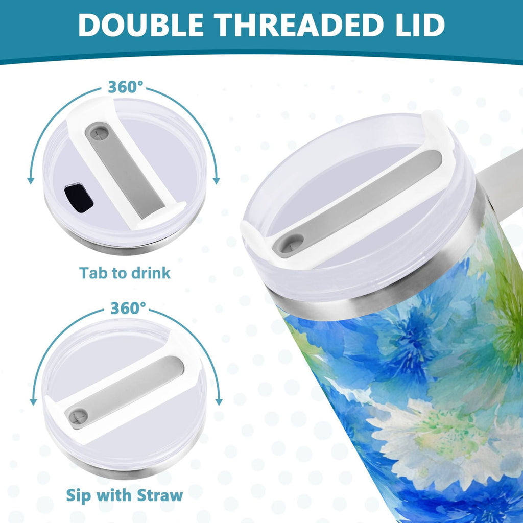 40 oz Insulated Stainless Steel Tumbler Double Wall Stainless Steel Tumbler with 2-Way Drinking Watercolor Blue Cornflowers D90W