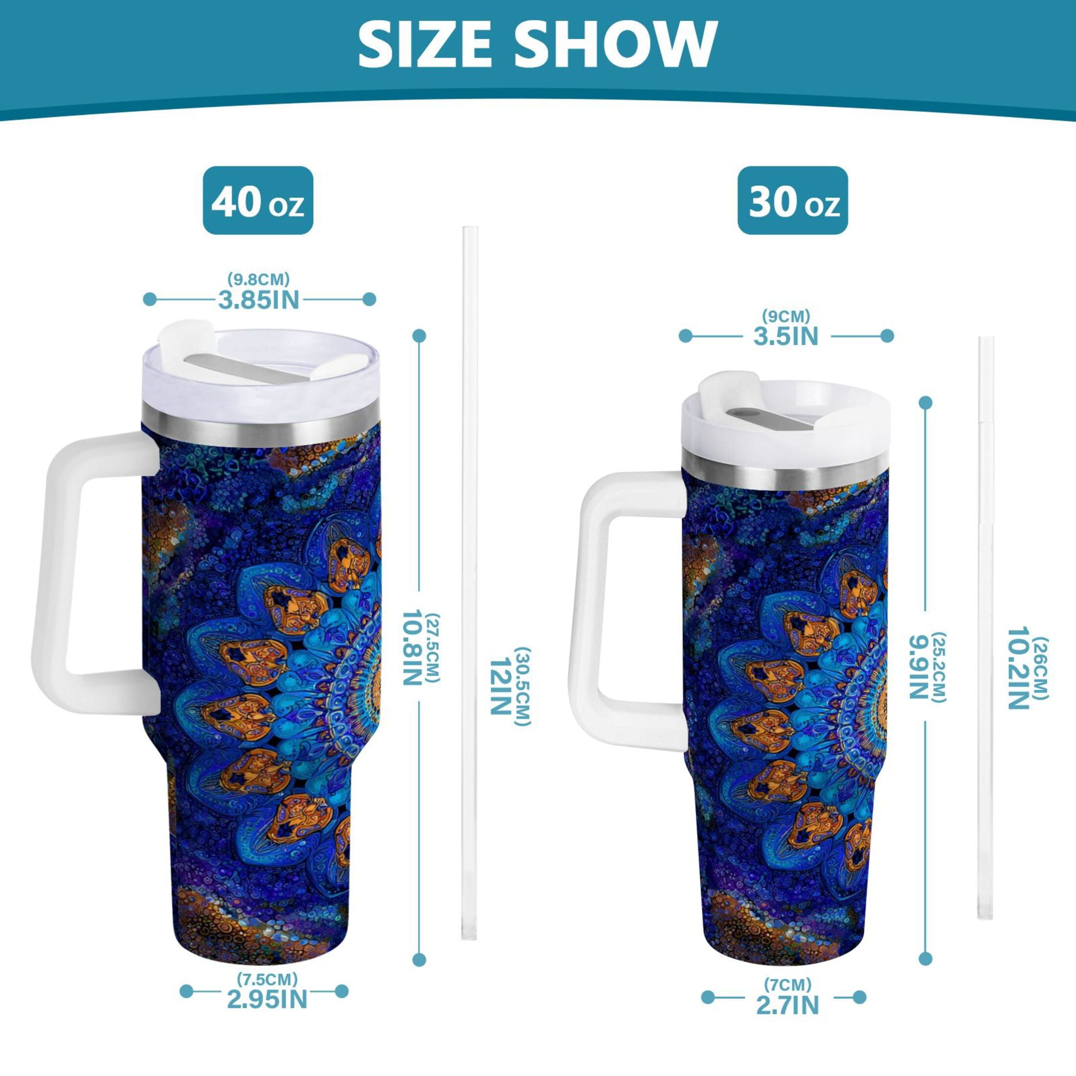 30 oz Insulated Stainless Steel Tumbler Double Wall Stainless Steel Tumbler with 2-Way Drinking Blue Kaleidoscopic Pattern BL1Y