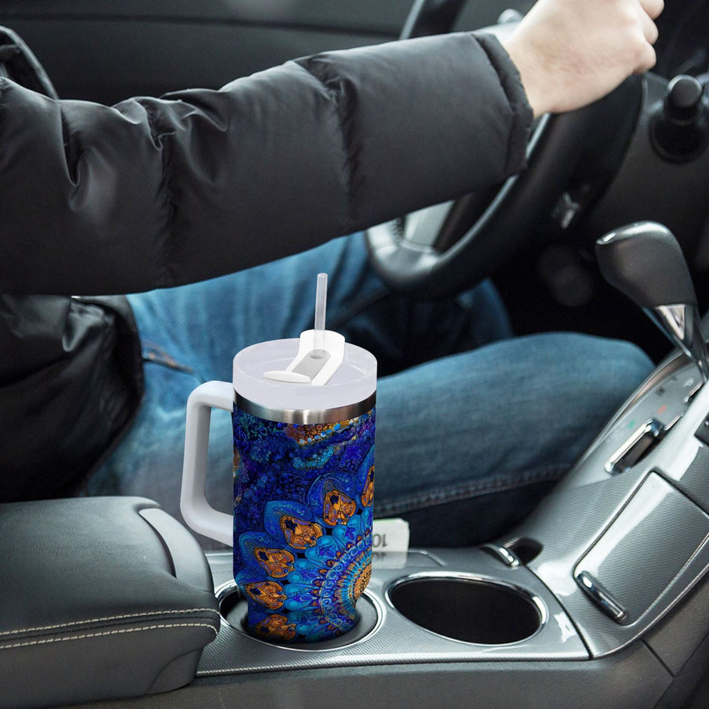 30 oz Insulated Stainless Steel Tumbler Double Wall Stainless Steel Tumbler with 2-Way Drinking Blue Kaleidoscopic Pattern BL1Y