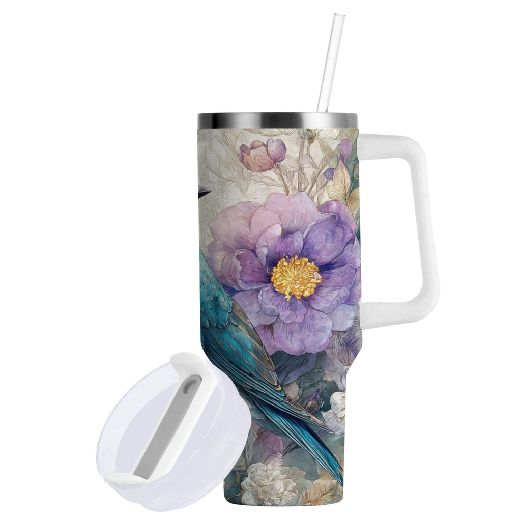 30 oz Insulated Stainless Steel Tumbler Double Wall Stainless Steel Tumbler with 2-Way Drinking Bluebird and Flower T4GS
