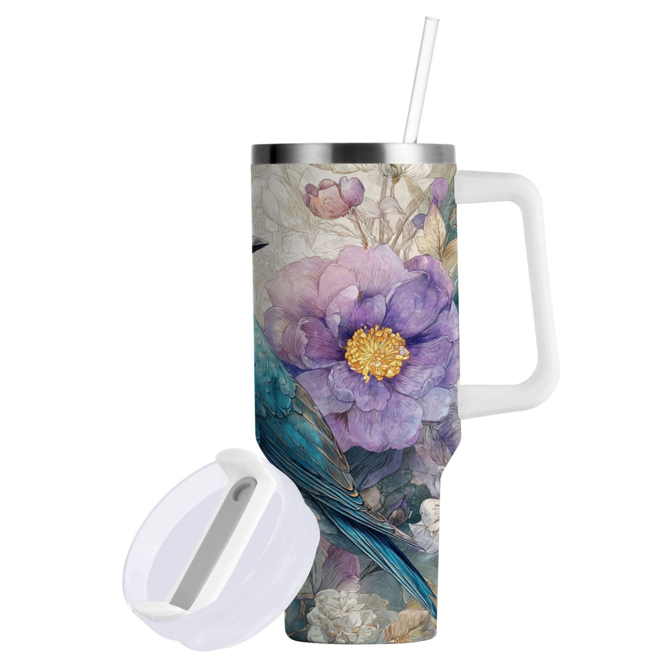 30 oz Insulated Stainless Steel Tumbler Double Wall Stainless Steel Tumbler with 2-Way Drinking Bluebird and Flower T4GS