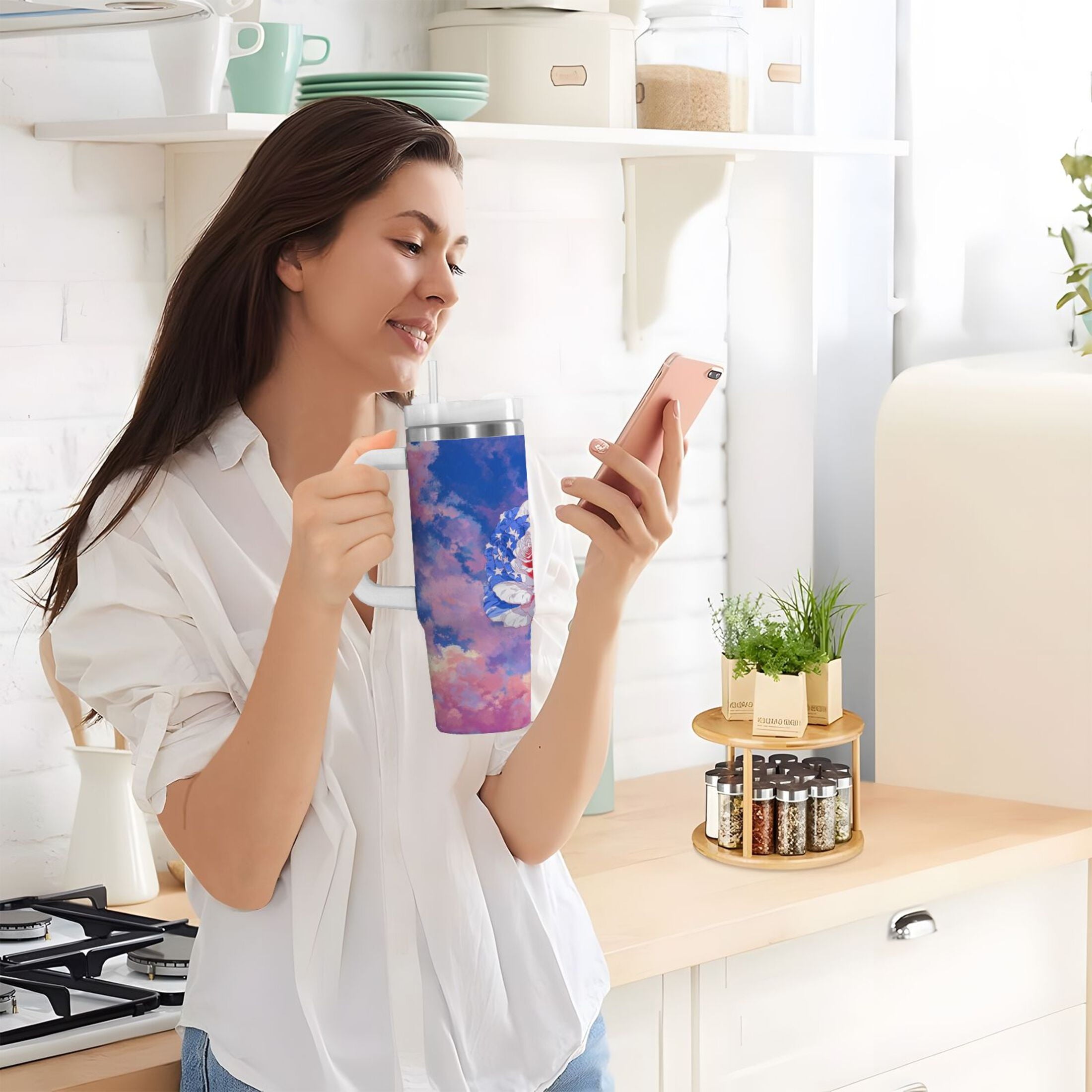 30 oz Insulated Stainless Steel Tumbler Double Wall Stainless Steel Tumbler with 2-Way Drinking Rose with Flag Pattern W6UE