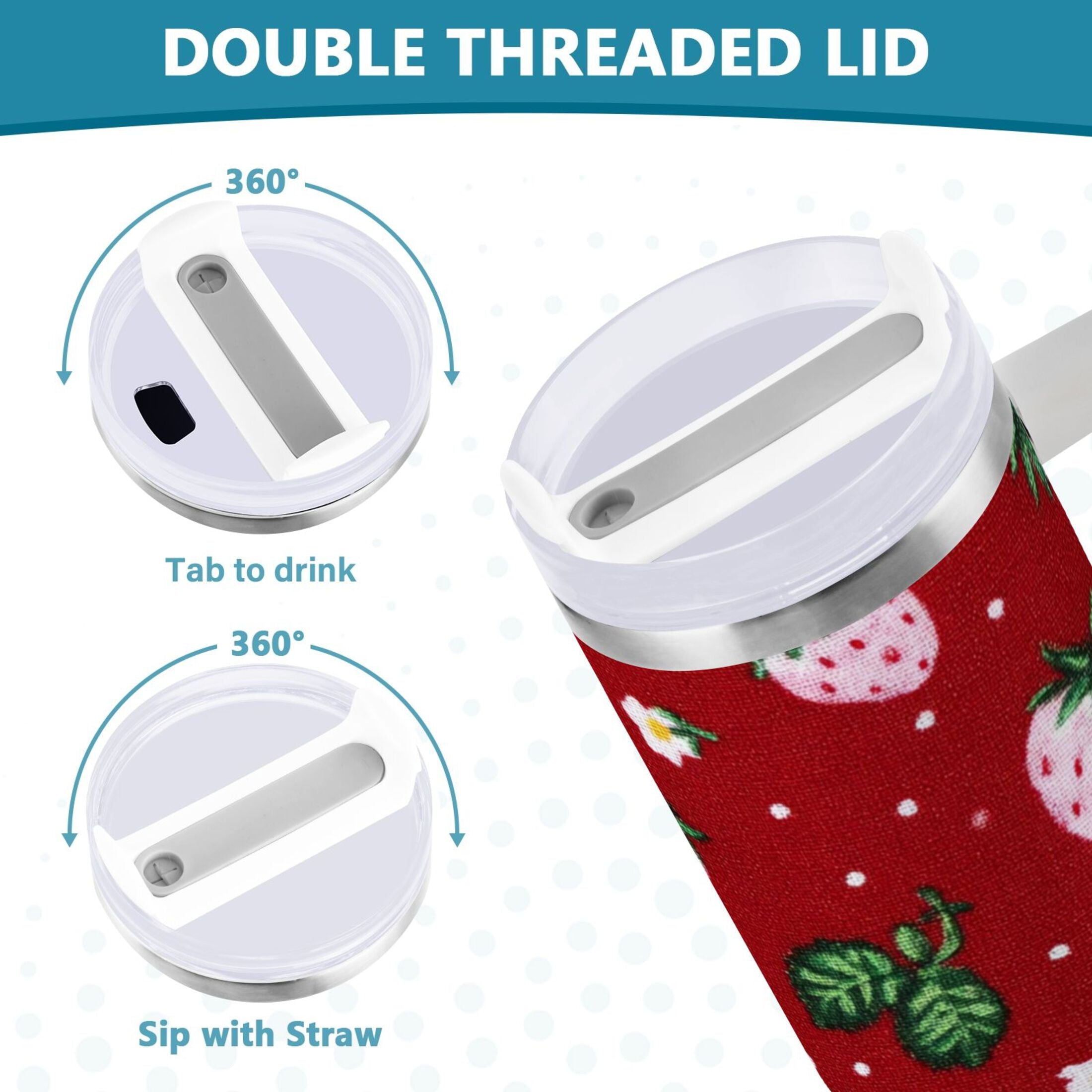 30 oz Insulated Stainless Steel Tumbler Double Wall Stainless Steel Tumbler with 2-Way Drinking Cute Pink Strawberry Pattern 28CP