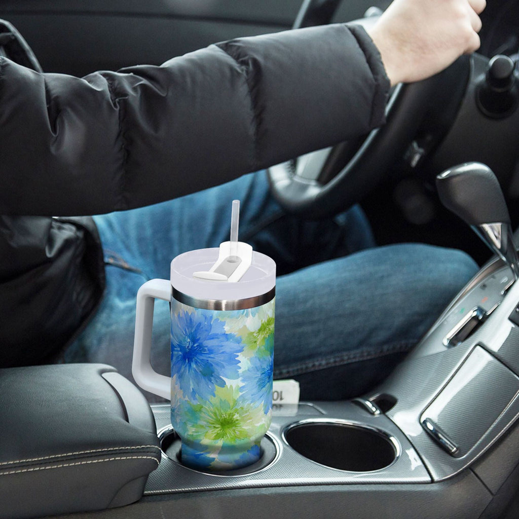 40 oz Insulated Stainless Steel Tumbler Double Wall Stainless Steel Tumbler with 2-Way Drinking Watercolor Blue Cornflowers D90W