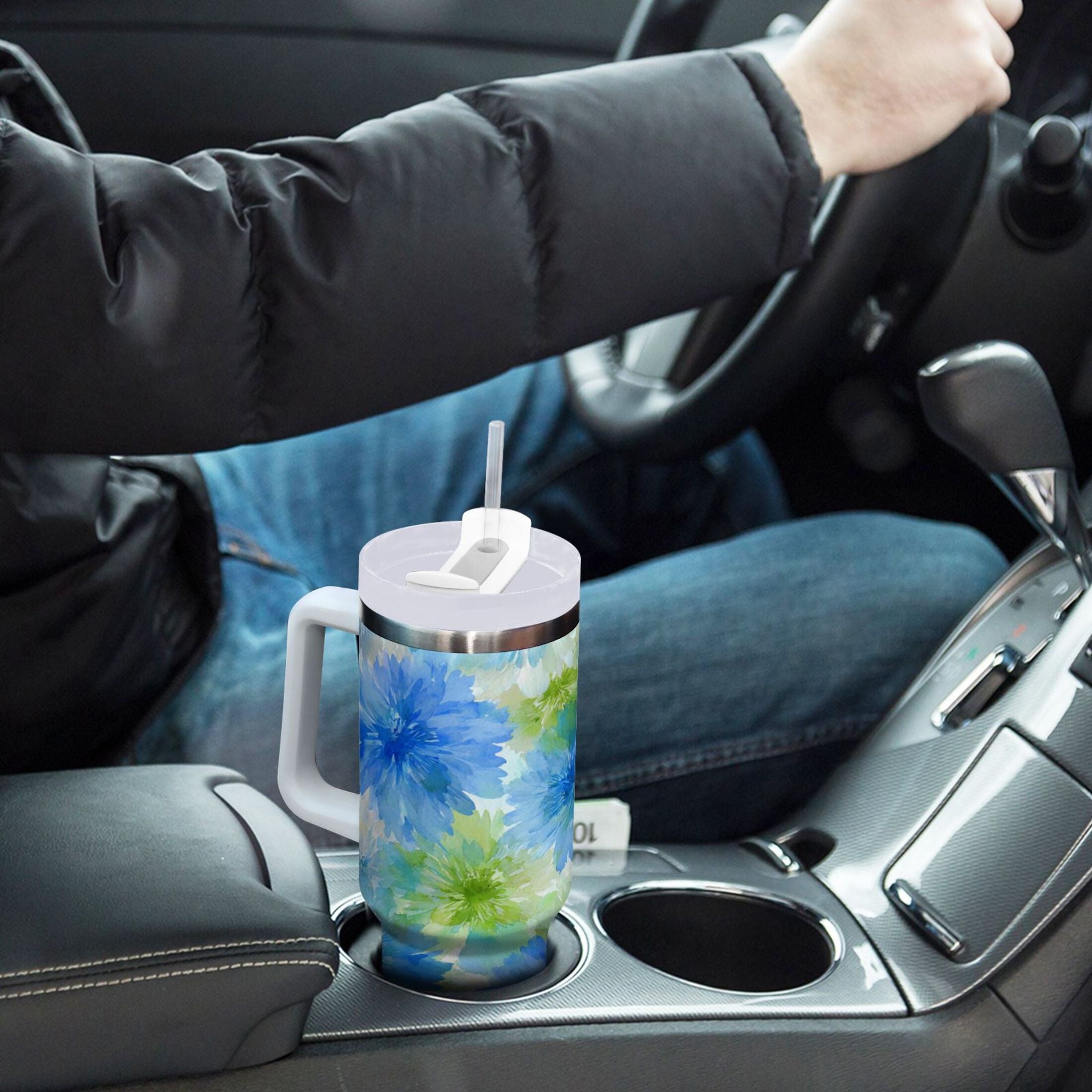 40 oz Insulated Stainless Steel Tumbler Double Wall Stainless Steel Tumbler with 2-Way Drinking Watercolor Blue Cornflowers D90W