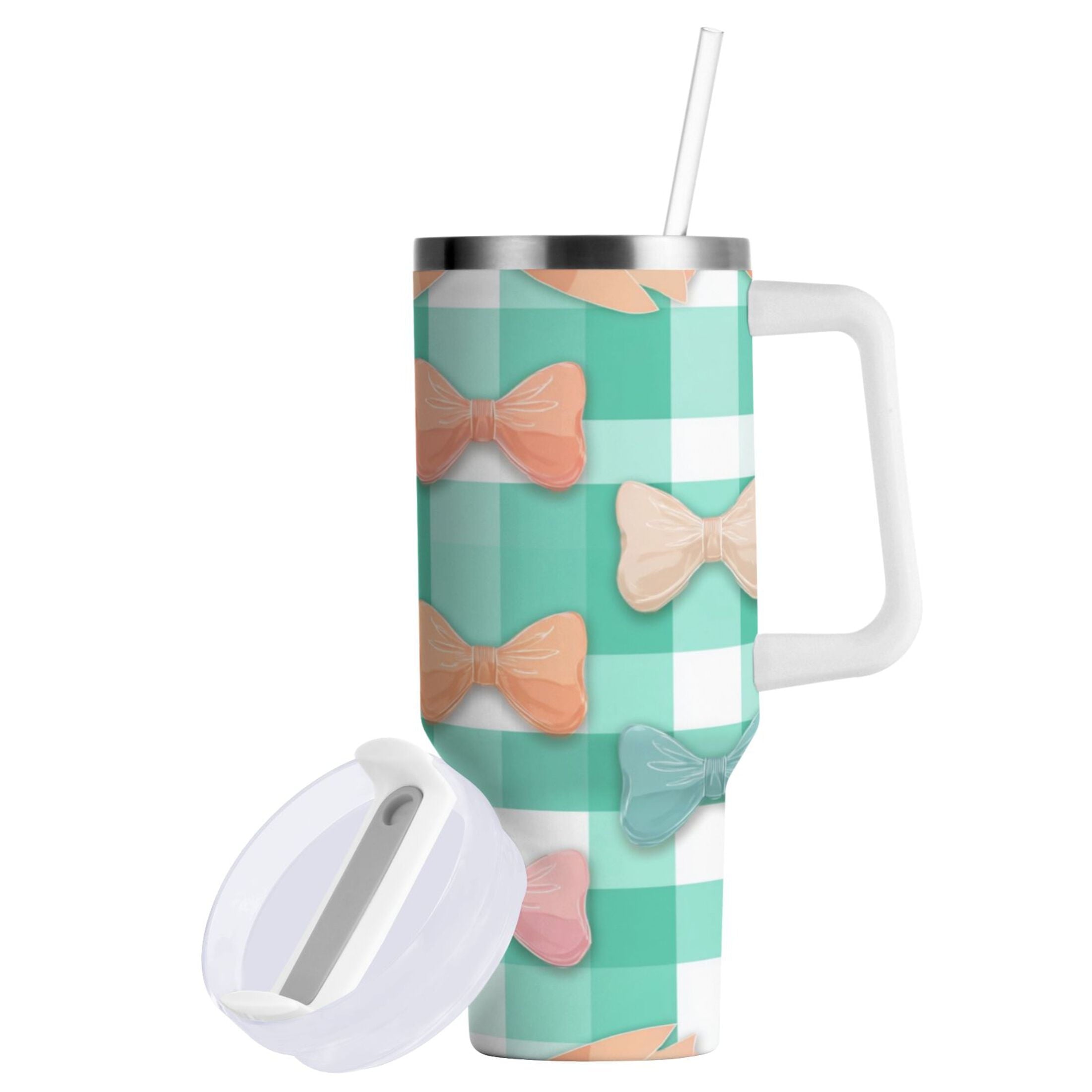 40 oz Insulated Stainless Steel Tumbler Double Wall Stainless Steel Tumbler with 2-Way Drinking Pastel Green and Peach Bows NU2Z