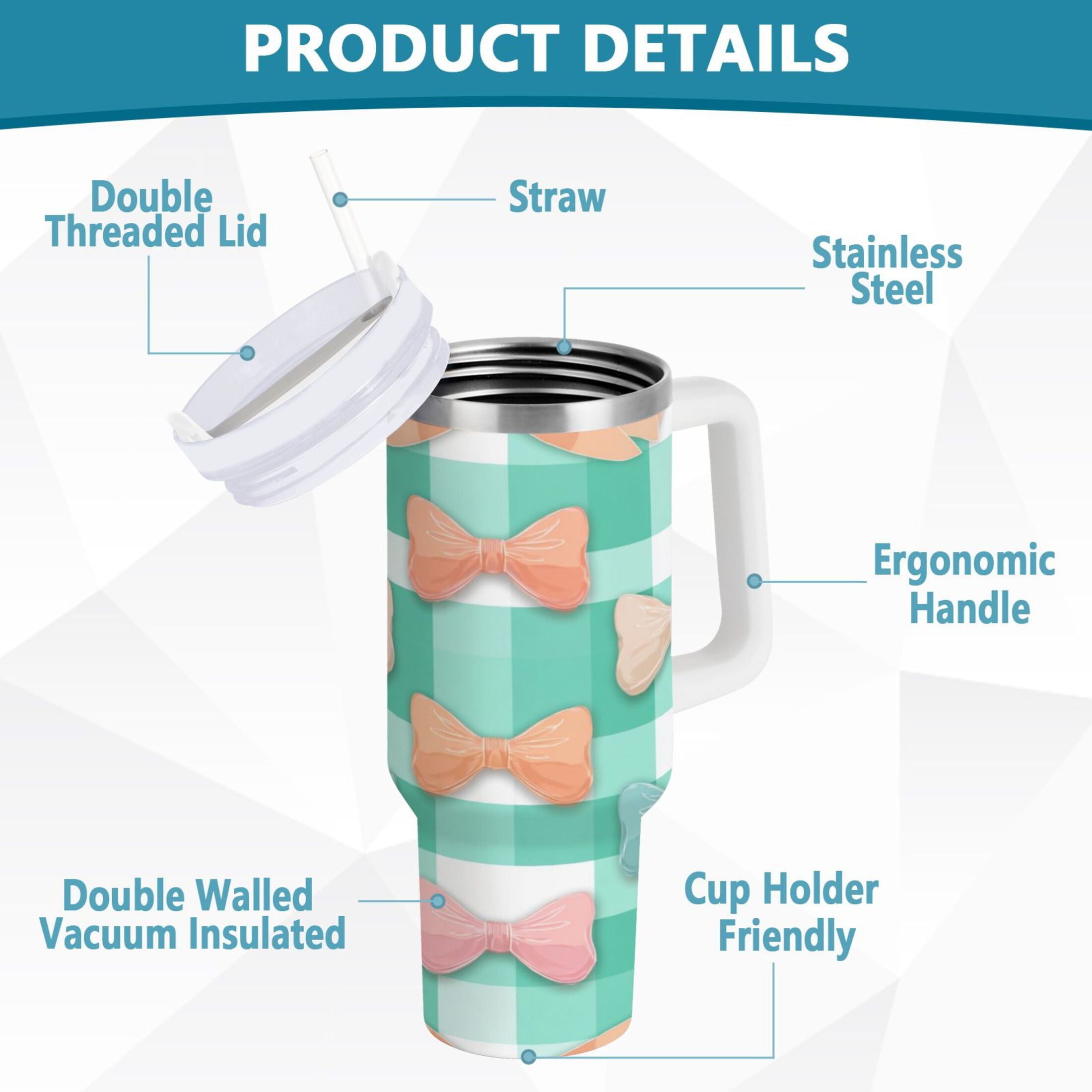 40 oz Insulated Stainless Steel Tumbler Double Wall Stainless Steel Tumbler with 2-Way Drinking Pastel Green and Peach Bows NU2Z