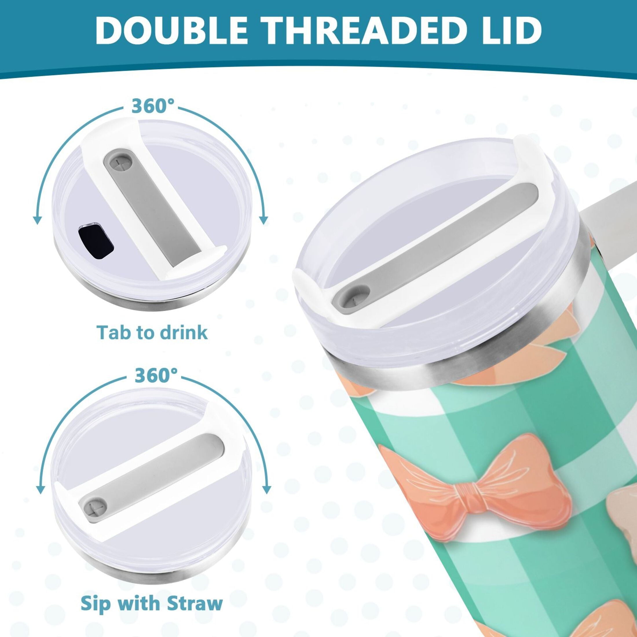 40 oz Insulated Stainless Steel Tumbler Double Wall Stainless Steel Tumbler with 2-Way Drinking Pastel Green and Peach Bows NU2Z