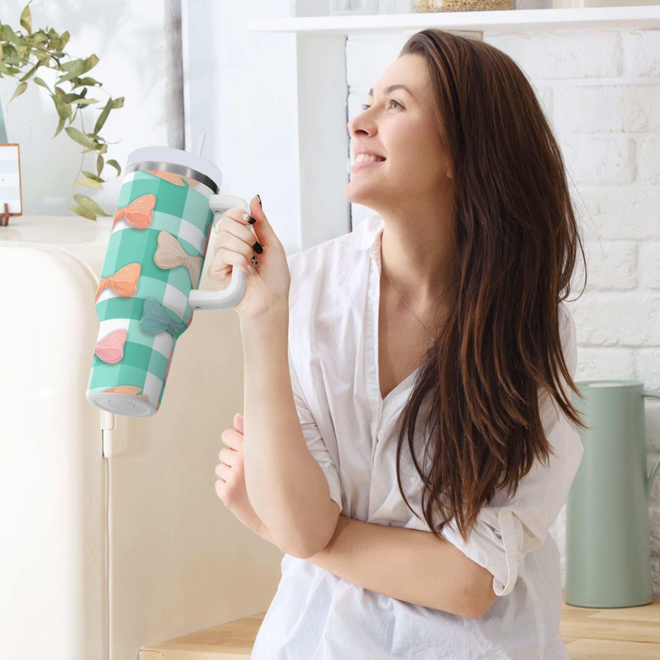 40 oz Insulated Stainless Steel Tumbler Double Wall Stainless Steel Tumbler with 2-Way Drinking Pastel Green and Peach Bows NU2Z