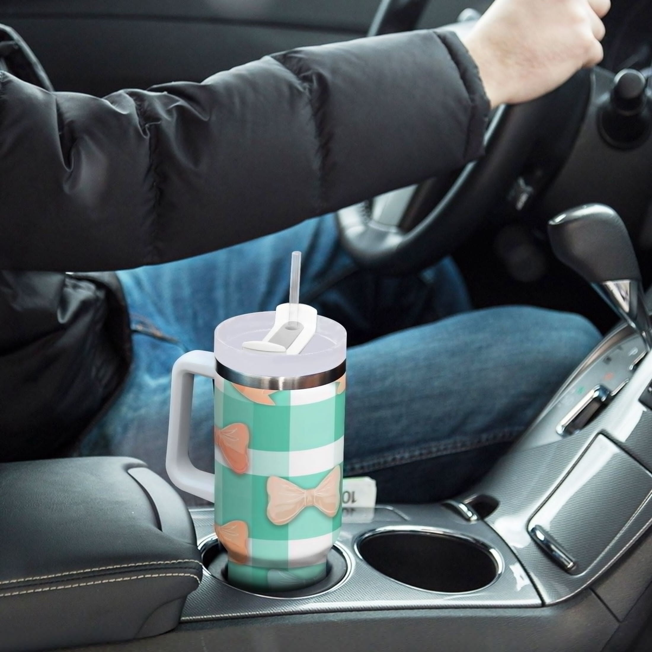 40 oz Insulated Stainless Steel Tumbler Double Wall Stainless Steel Tumbler with 2-Way Drinking Pastel Green and Peach Bows NU2Z