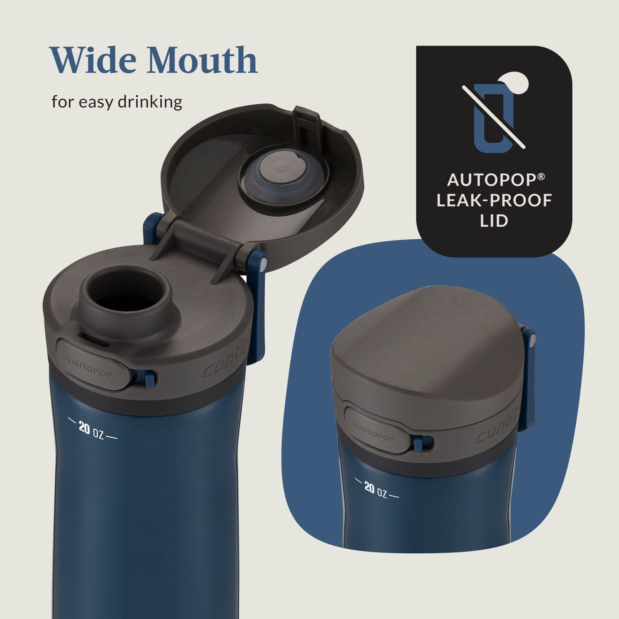 Contigo Jackson Chill Bundle 2 Water Bottles Black 24oz and Blueberry 20oz with Autopop Lid AQCL