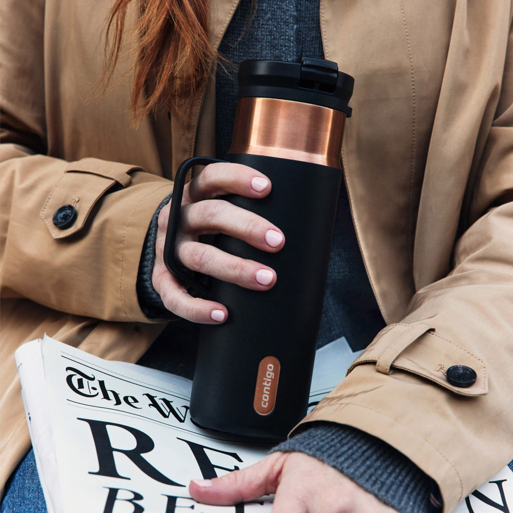 Contigo SnapSeal Leakproof Stainless Steel Reusable Water Bottle Tumbler with Side Handle, Dark Blue/Bronze, 20 oz EL1O