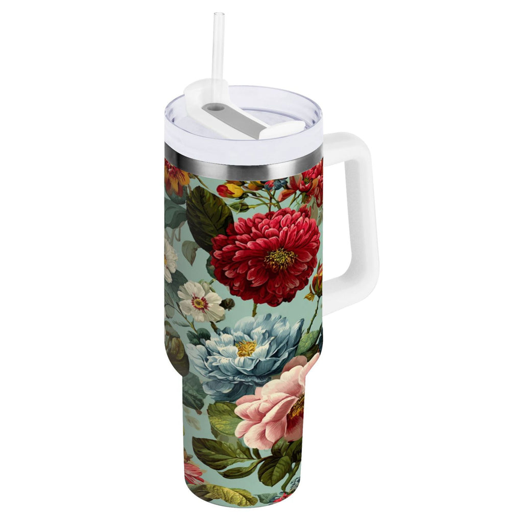 40 oz Insulated Stainless Steel Tumbler Double Wall Stainless Steel Tumbler with 2-Way Drinking Floral Pattern with Roses TPQM