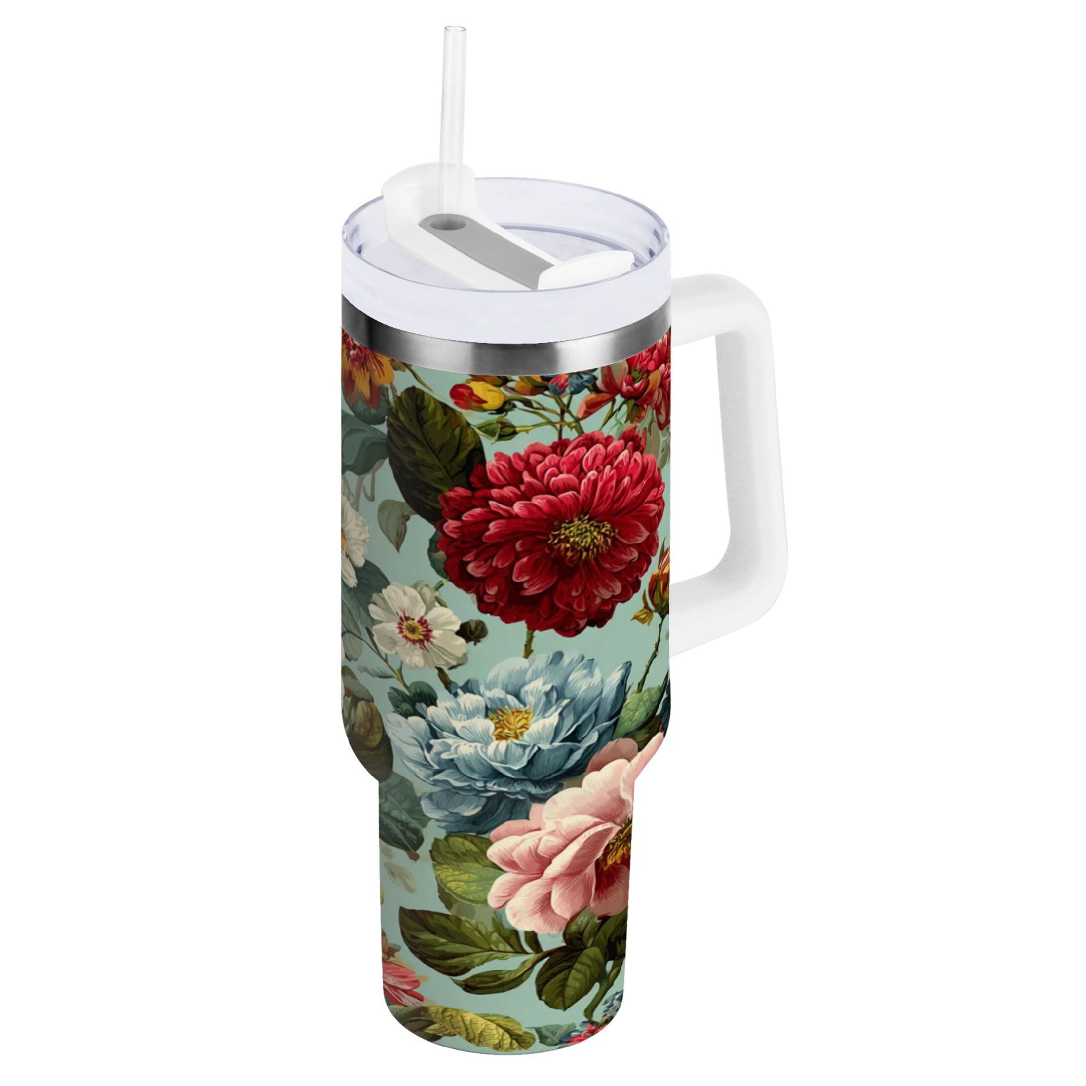 40 oz Insulated Stainless Steel Tumbler Double Wall Stainless Steel Tumbler with 2-Way Drinking Floral Pattern with Roses TPQM
