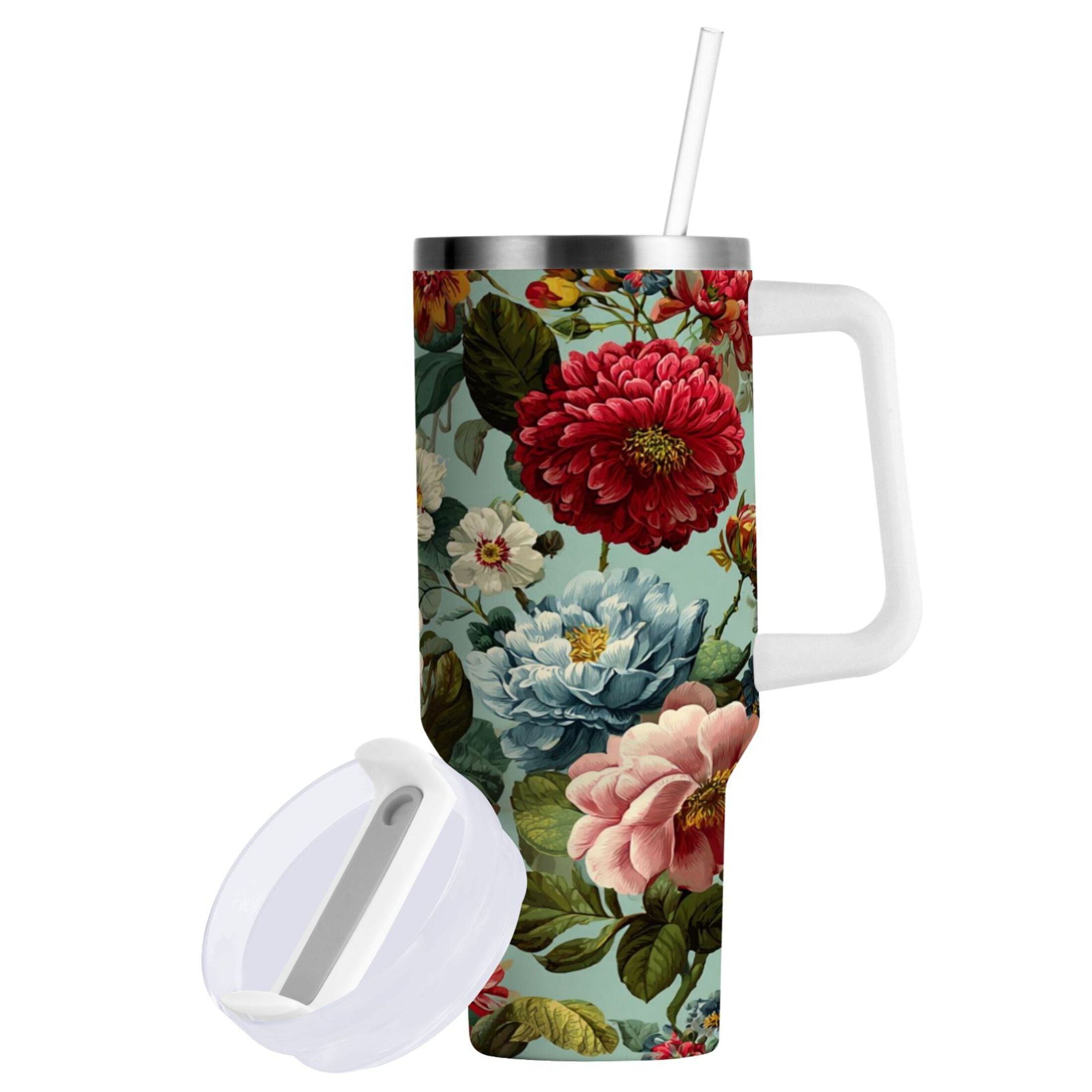 40 oz Insulated Stainless Steel Tumbler Double Wall Stainless Steel Tumbler with 2-Way Drinking Floral Pattern with Roses TPQM