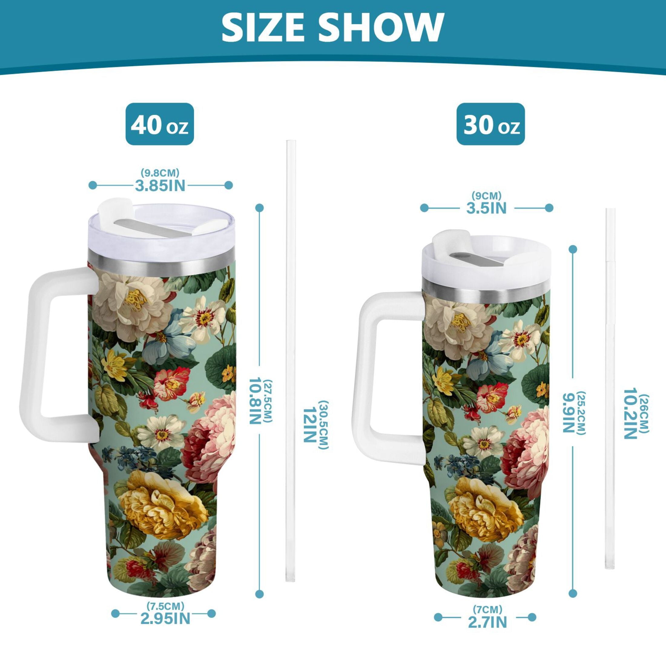 40 oz Insulated Stainless Steel Tumbler Double Wall Stainless Steel Tumbler with 2-Way Drinking Floral Pattern with Roses TPQM