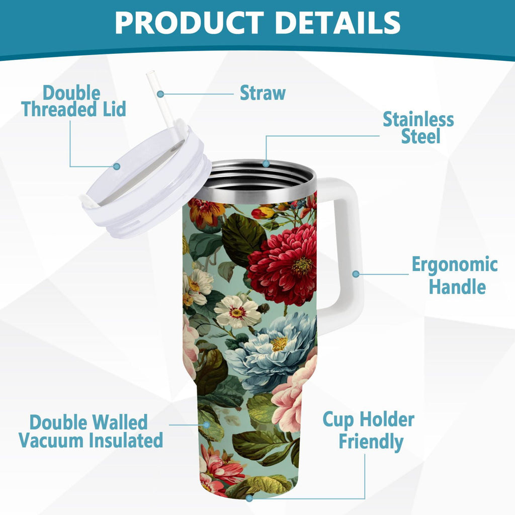 40 oz Insulated Stainless Steel Tumbler Double Wall Stainless Steel Tumbler with 2-Way Drinking Floral Pattern with Roses TPQM
