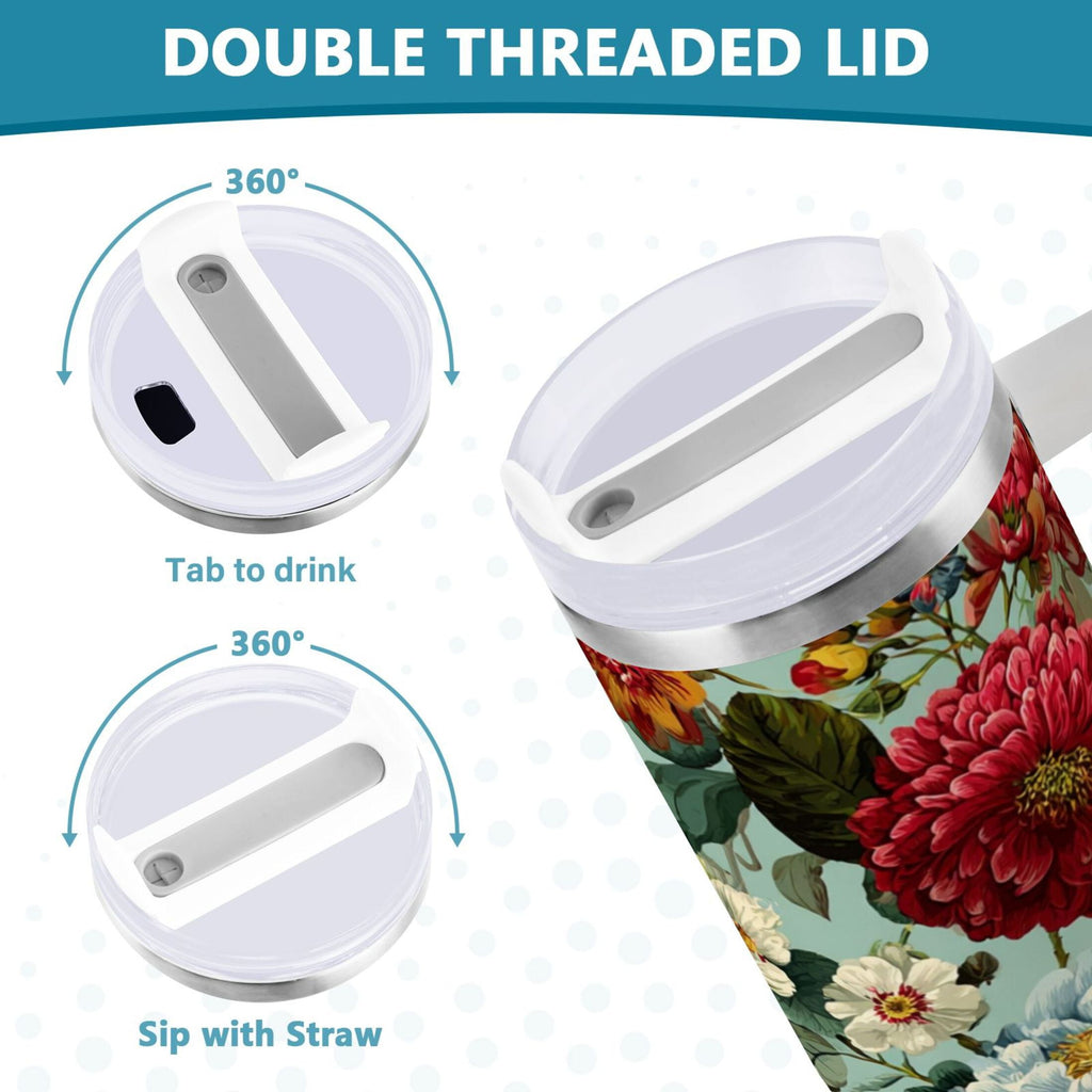 40 oz Insulated Stainless Steel Tumbler Double Wall Stainless Steel Tumbler with 2-Way Drinking Floral Pattern with Roses TPQM