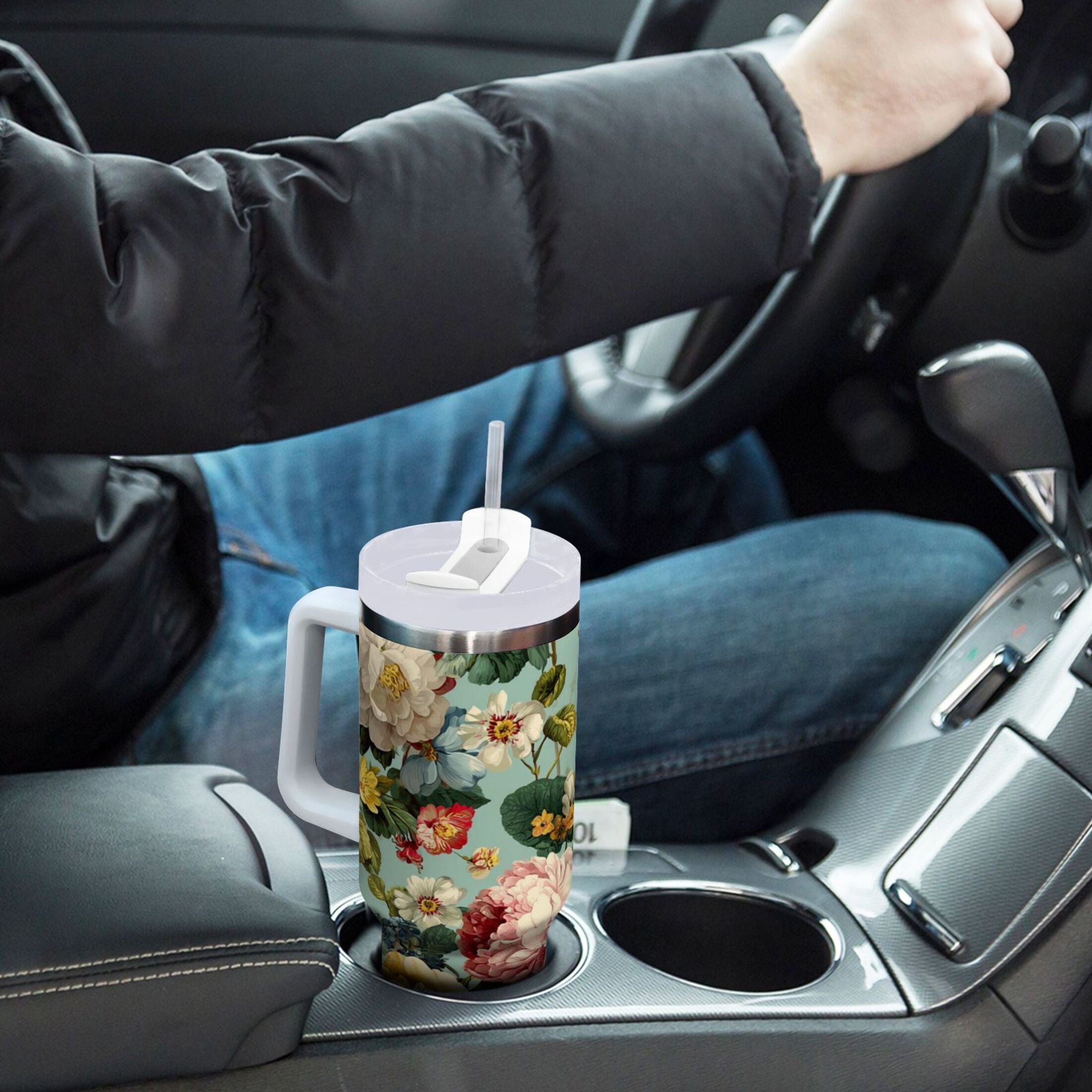40 oz Insulated Stainless Steel Tumbler Double Wall Stainless Steel Tumbler with 2-Way Drinking Floral Pattern with Roses TPQM