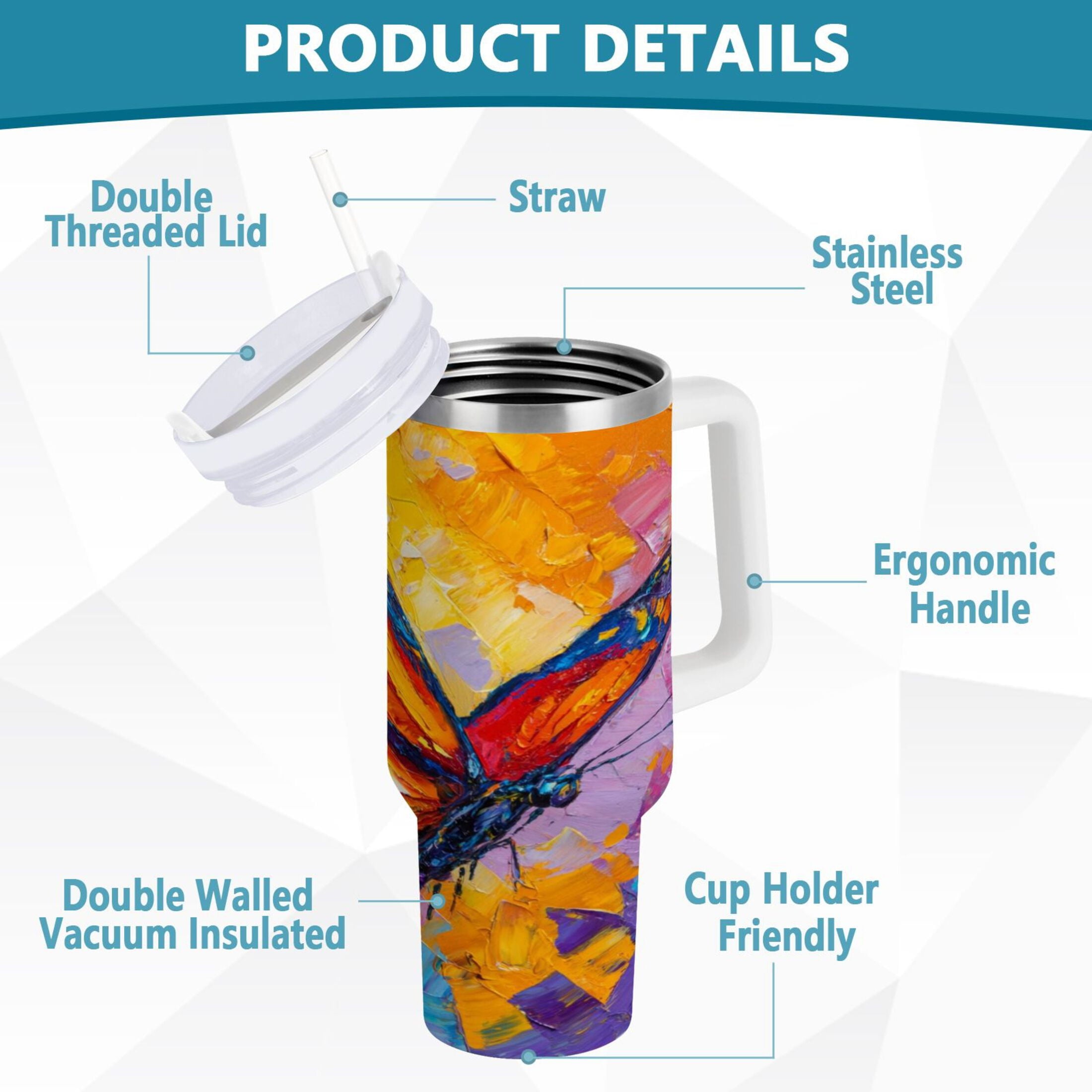 30 oz Insulated Stainless Steel Tumbler Double Wall Stainless Steel Tumbler with 2-Way Drinking Colorful Butterfly Flying 1SN8