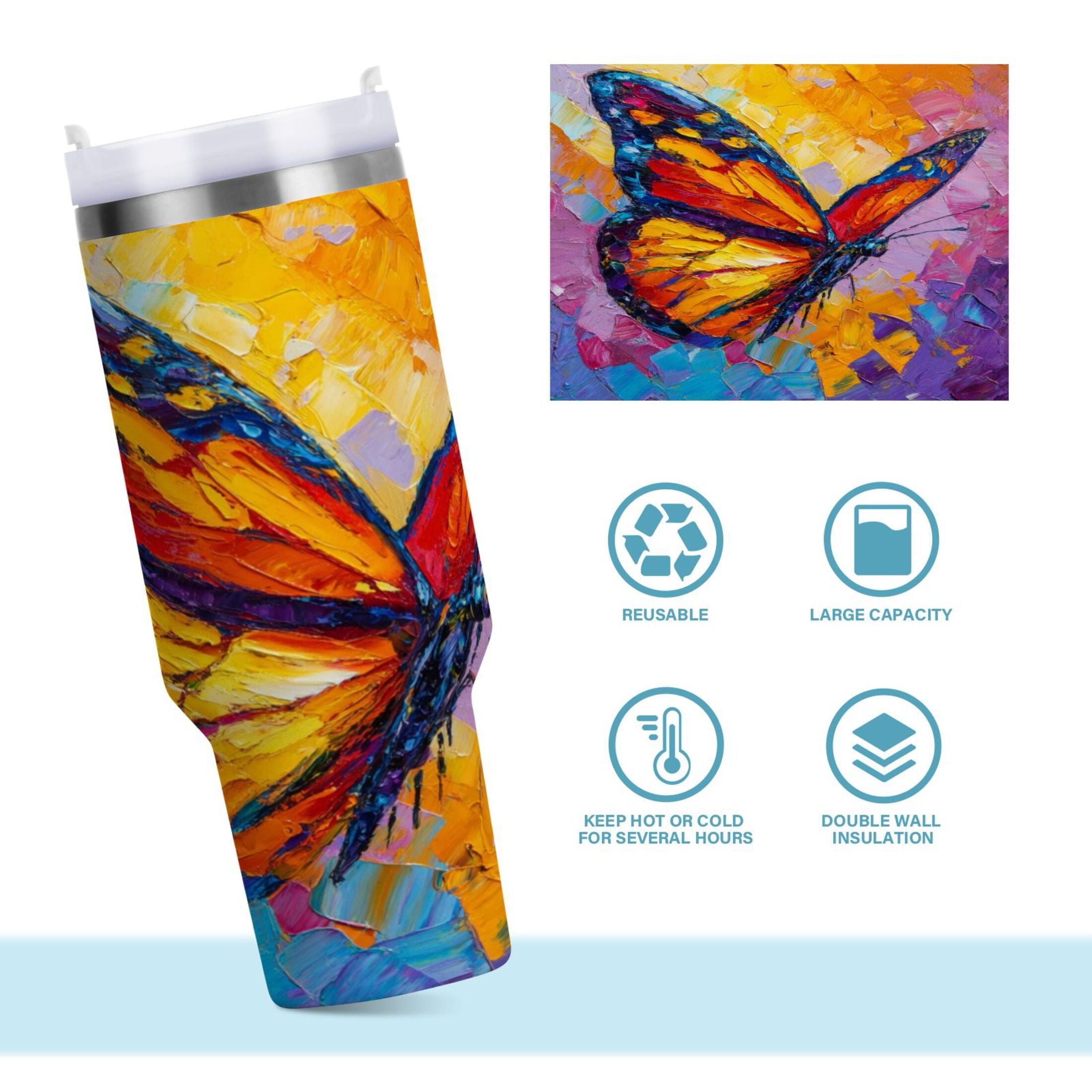 30 oz Insulated Stainless Steel Tumbler Double Wall Stainless Steel Tumbler with 2-Way Drinking Colorful Butterfly Flying 1SN8