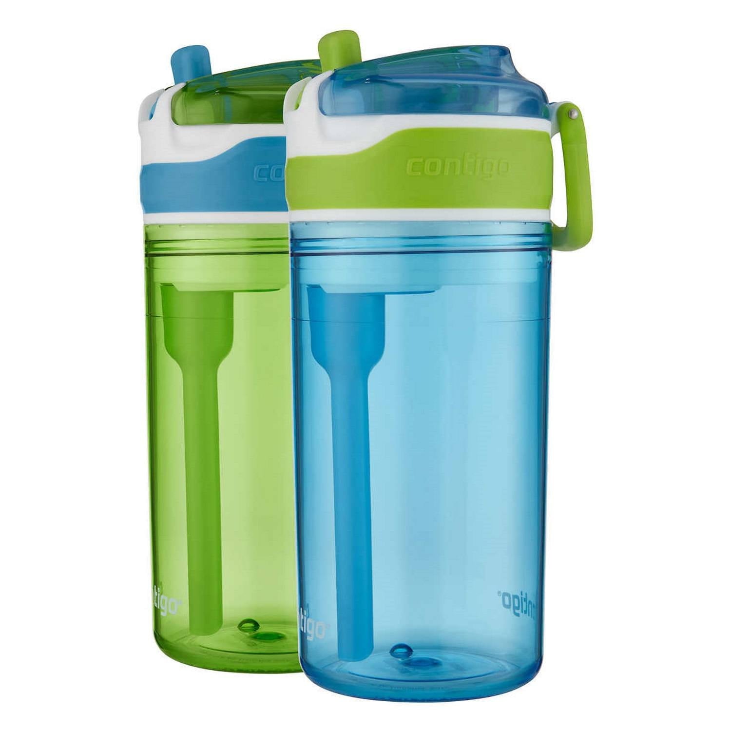 Contigo Kids 2-in-1 Snack Hero Tumbler Featuring 4oz Snack Holder Stacked on Top of 13oz Water Bottle - BPA Free, Durable Tritan w/Flexible Carry Handle &amp; Spill-Proof Valve, Green &amp; Blue – 2 Pack S420