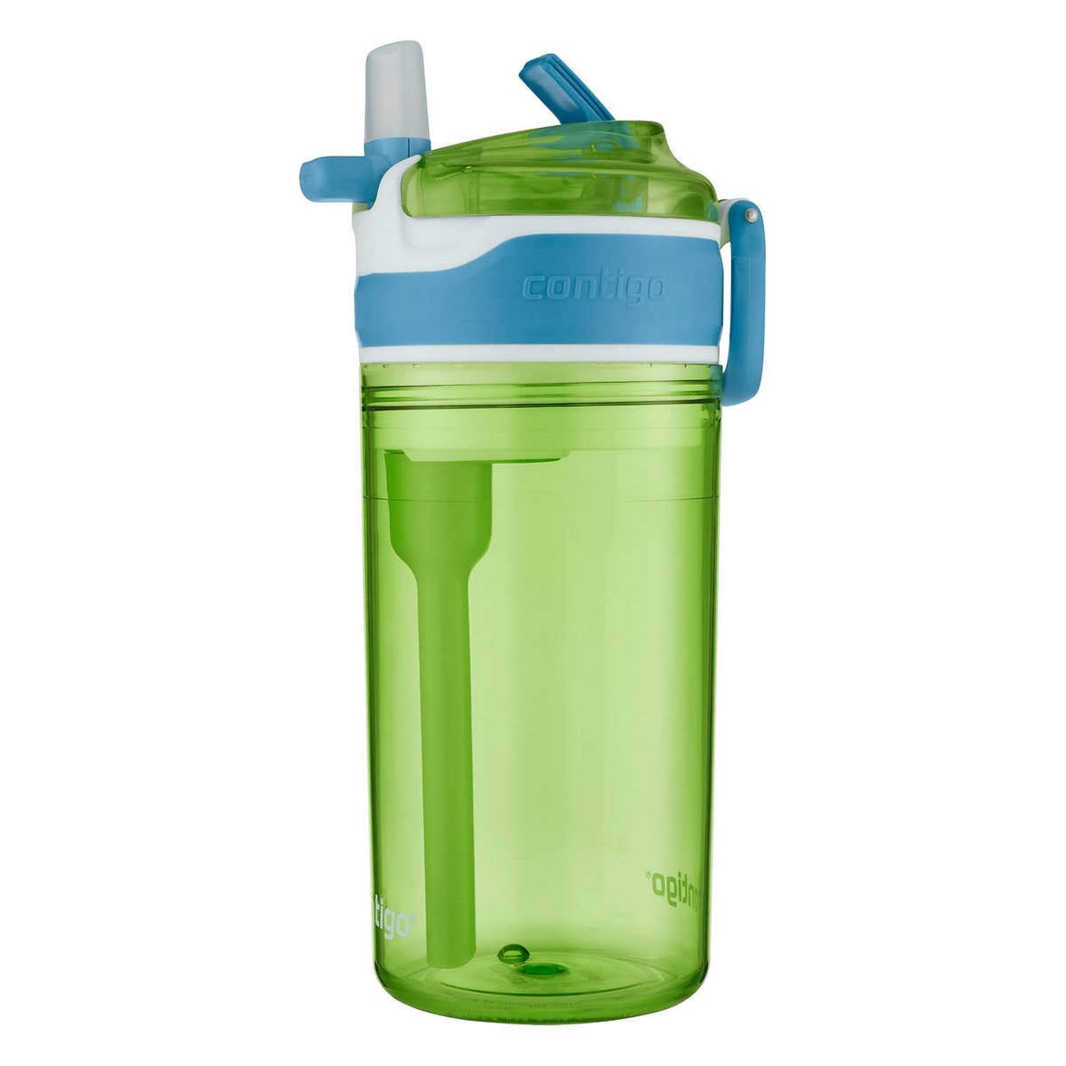 Contigo Kids 2-in-1 Snack Hero Tumbler Featuring 4oz Snack Holder Stacked on Top of 13oz Water Bottle - BPA Free, Durable Tritan w/Flexible Carry Handle &amp; Spill-Proof Valve, Green &amp; Blue – 2 Pack S420