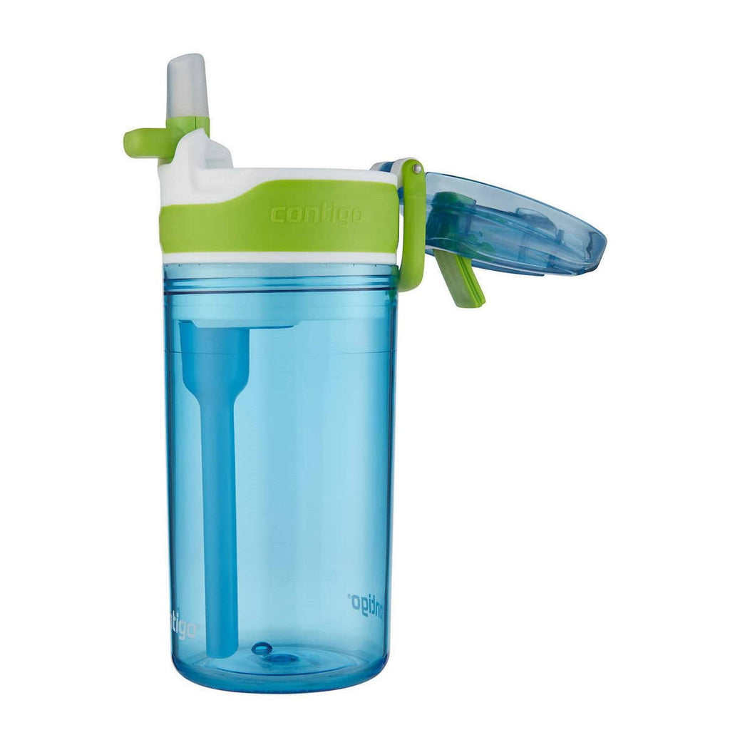 Contigo Kids 2-in-1 Snack Hero Tumbler Featuring 4oz Snack Holder Stacked on Top of 13oz Water Bottle - BPA Free, Durable Tritan w/Flexible Carry Handle &amp; Spill-Proof Valve, Green &amp; Blue – 2 Pack S420