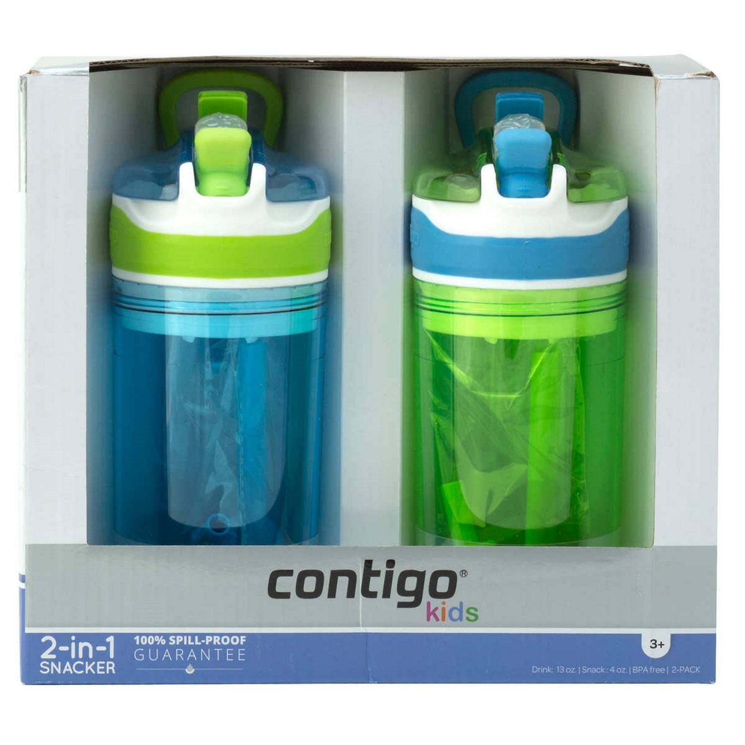 Contigo Kids 2-in-1 Snack Hero Tumbler Featuring 4oz Snack Holder Stacked on Top of 13oz Water Bottle - BPA Free, Durable Tritan w/Flexible Carry Handle &amp; Spill-Proof Valve, Green &amp; Blue – 2 Pack S420