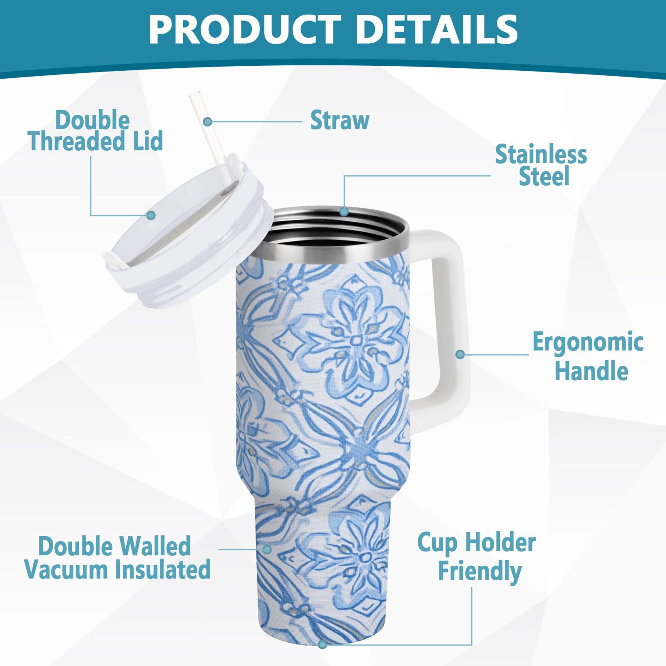 30 oz Insulated Stainless Steel Tumbler Double Wall Stainless Steel Tumbler with 2-Way Drinking Blue Elegant Geometric Design JKL5