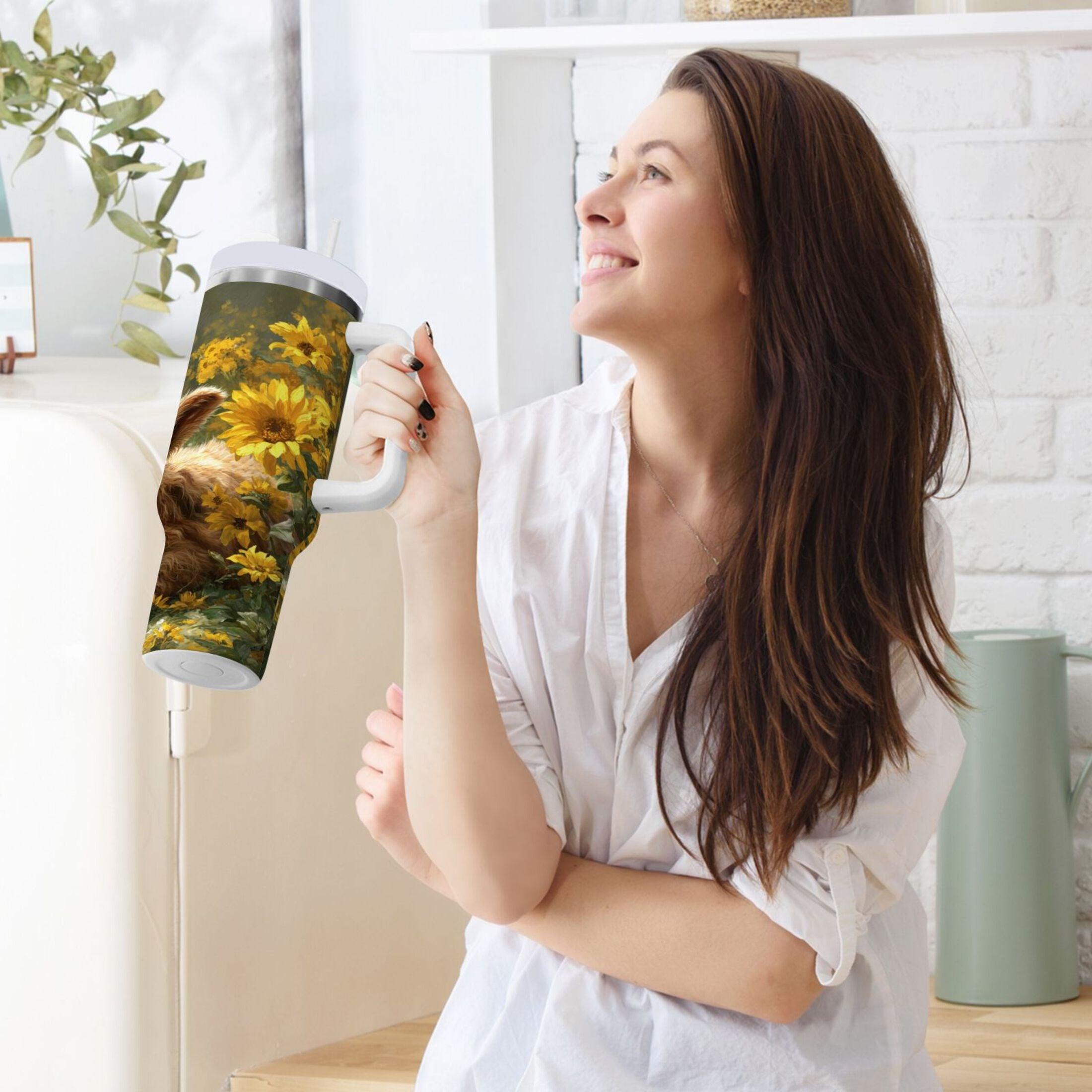 40 oz Insulated Stainless Steel Tumbler Double Wall Stainless Steel Tumbler with 2-Way Drinking Cow Lying in Sunflowers E1XS
