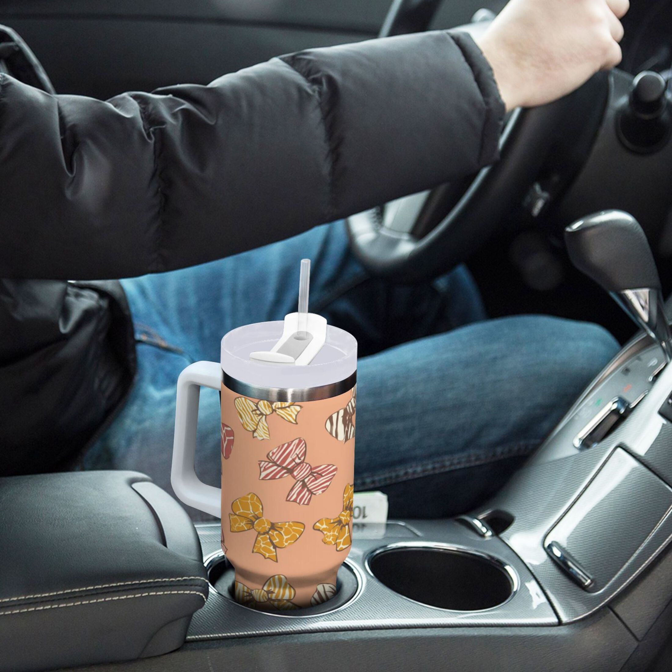 40 oz Insulated Stainless Steel Tumbler Double Wall Stainless Steel Tumbler with 2-Way Drinking Cute Animal Print Bows MAHL