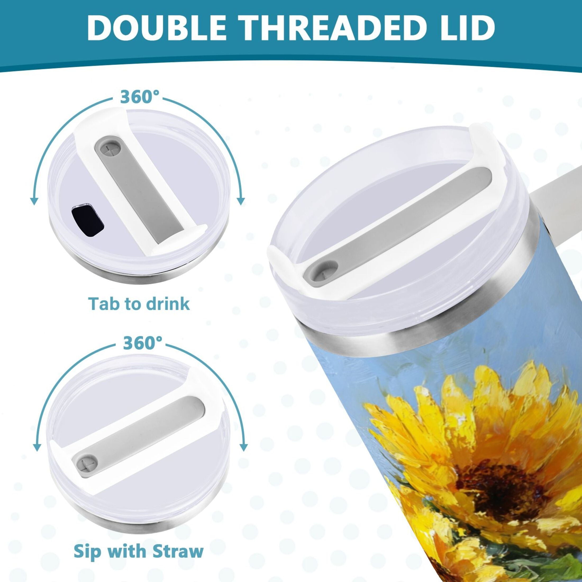 40 oz Insulated Stainless Steel Tumbler Double Wall Stainless Steel Tumbler with 2-Way Drinking Sunflowers Painting 0U05