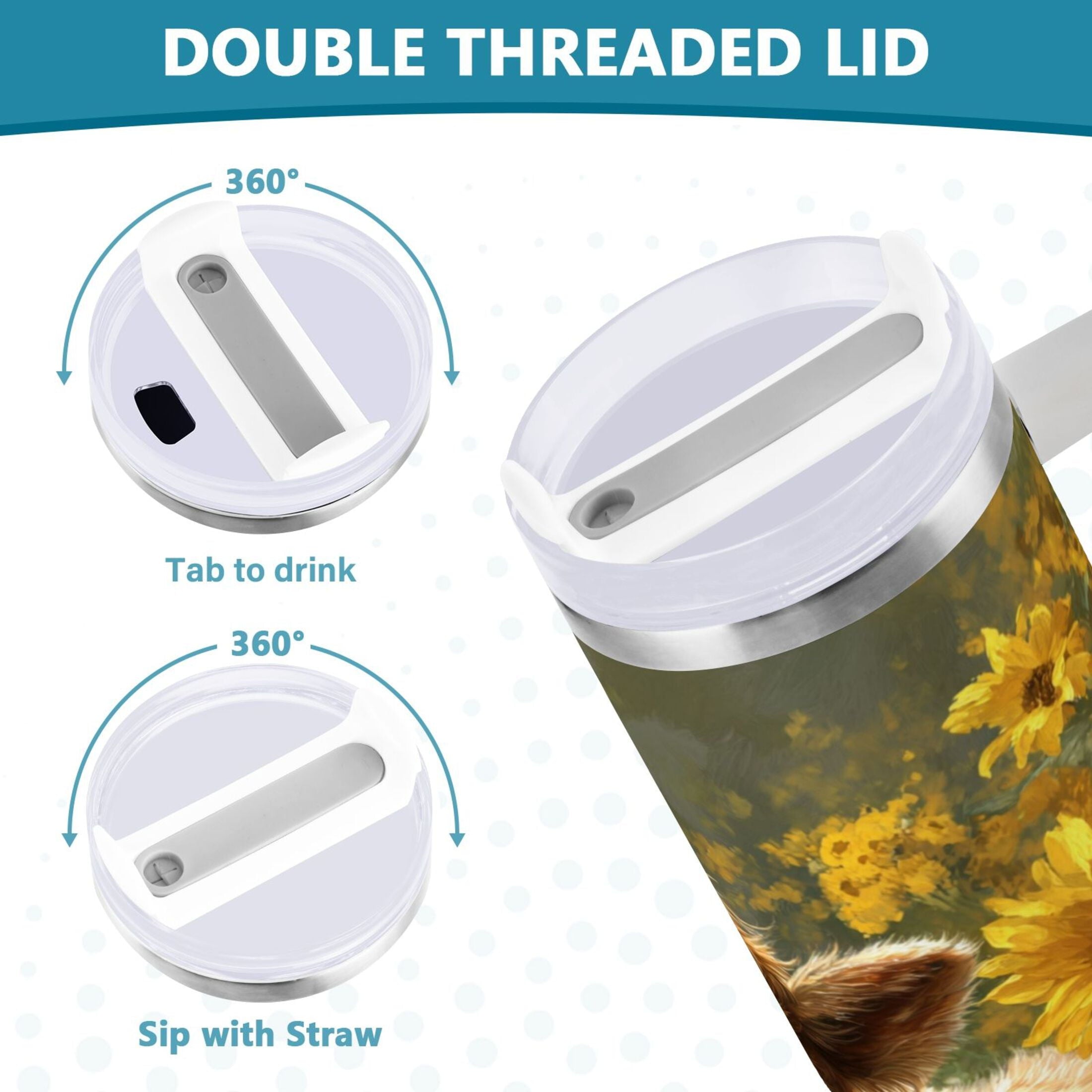 40 oz Insulated Stainless Steel Tumbler Double Wall Stainless Steel Tumbler with 2-Way Drinking Cow Lying in Sunflowers E1XS